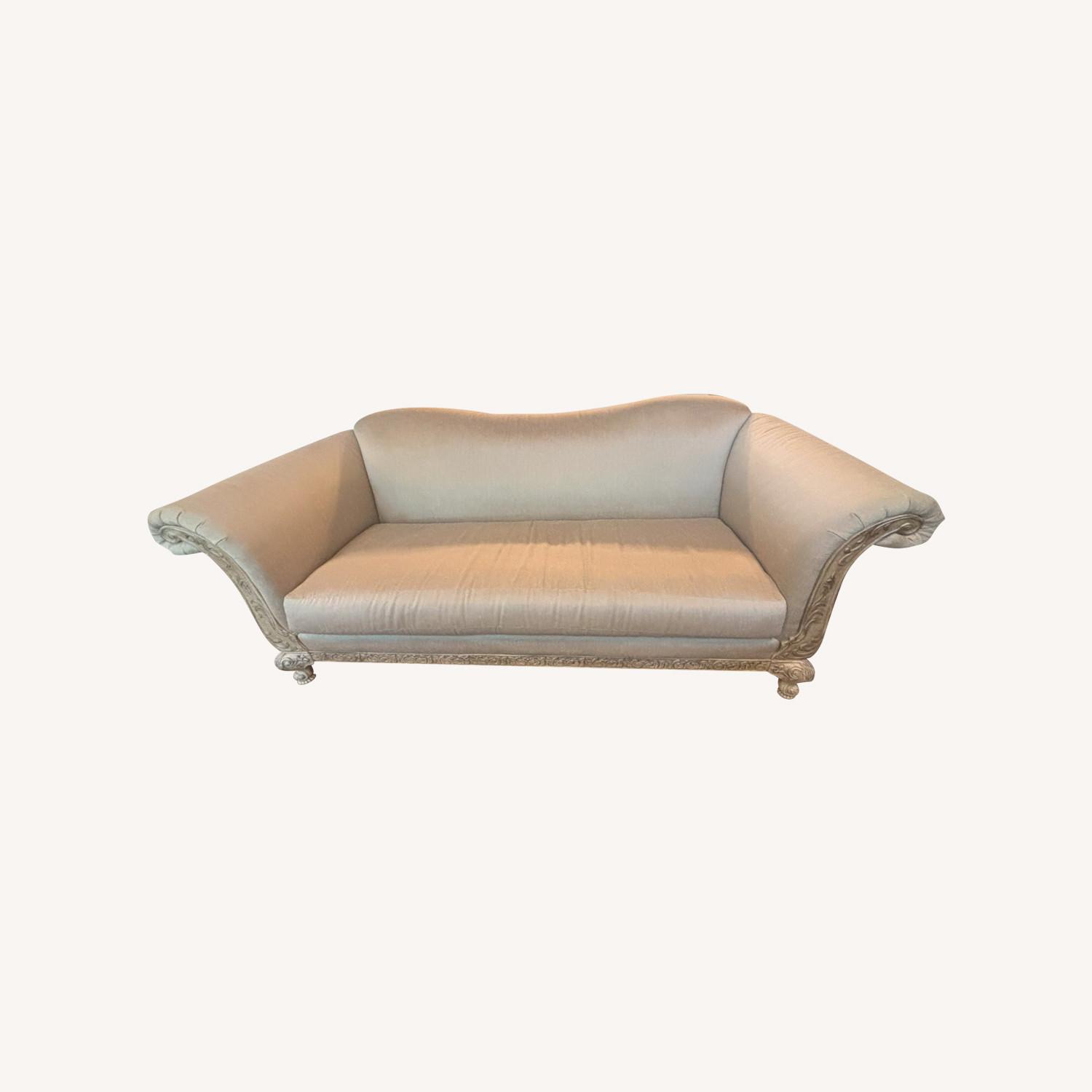 Silk Upholstered Sofa with Ornate Carved Wood Trim - image-0