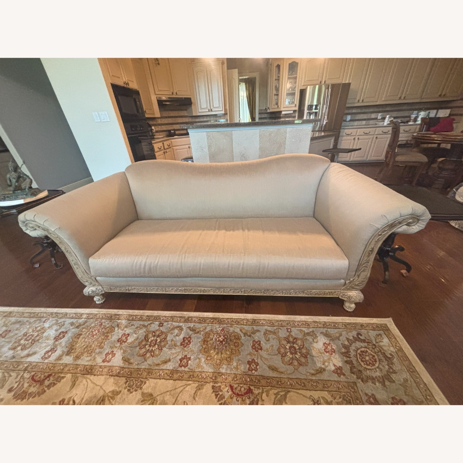 Silk Upholstered Sofa with Ornate Carved Wood Trim - image-2