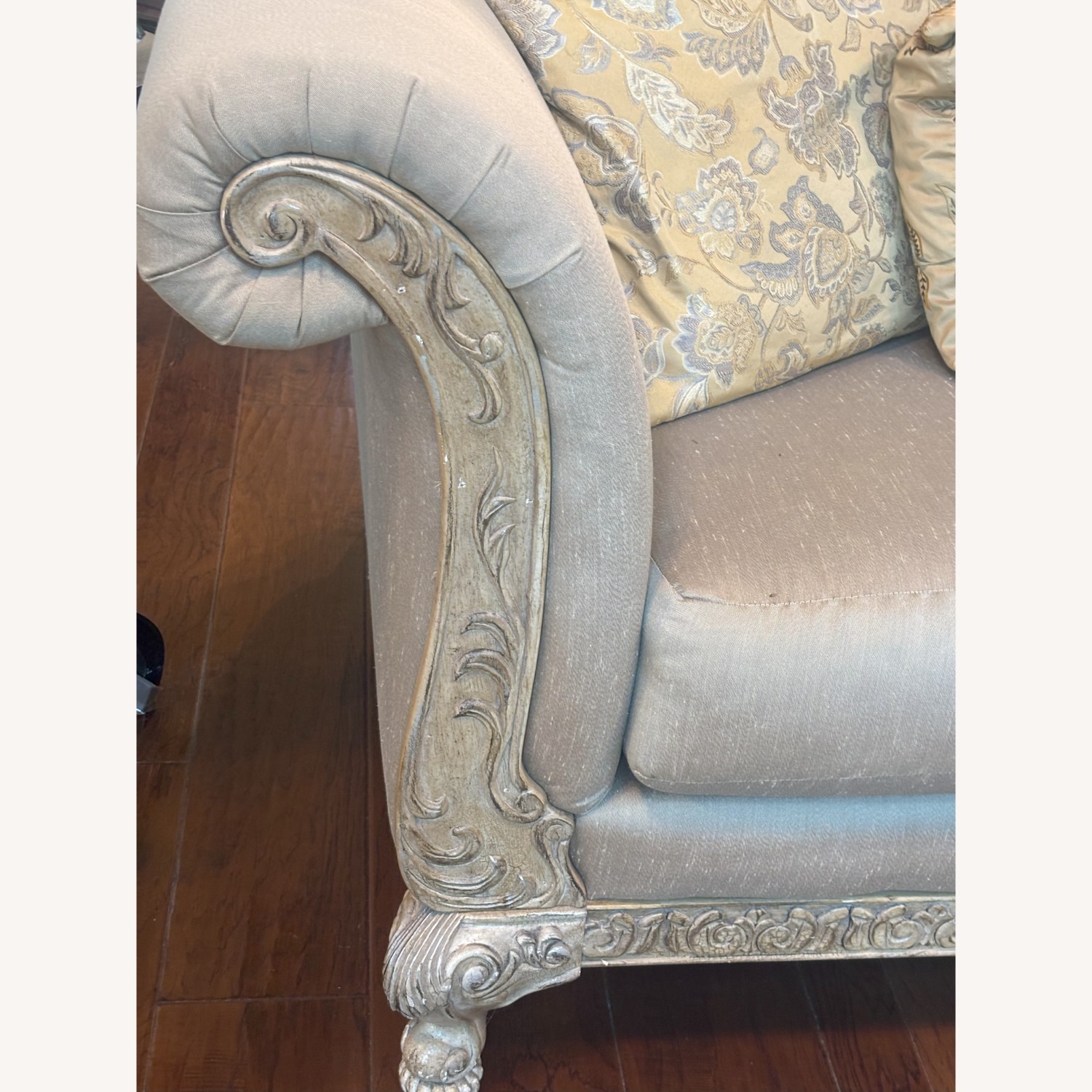 Silk Upholstered Sofa with Ornate Carved Wood Trim - image-4