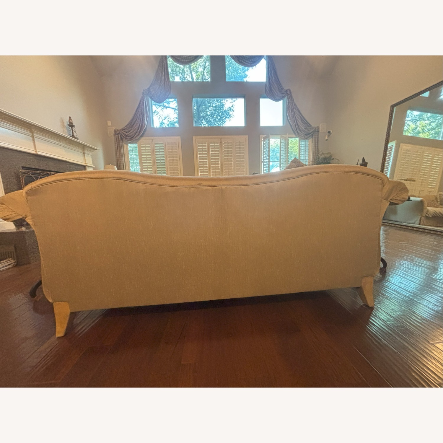 Silk Upholstered Sofa with Ornate Carved Wood Trim - image-5