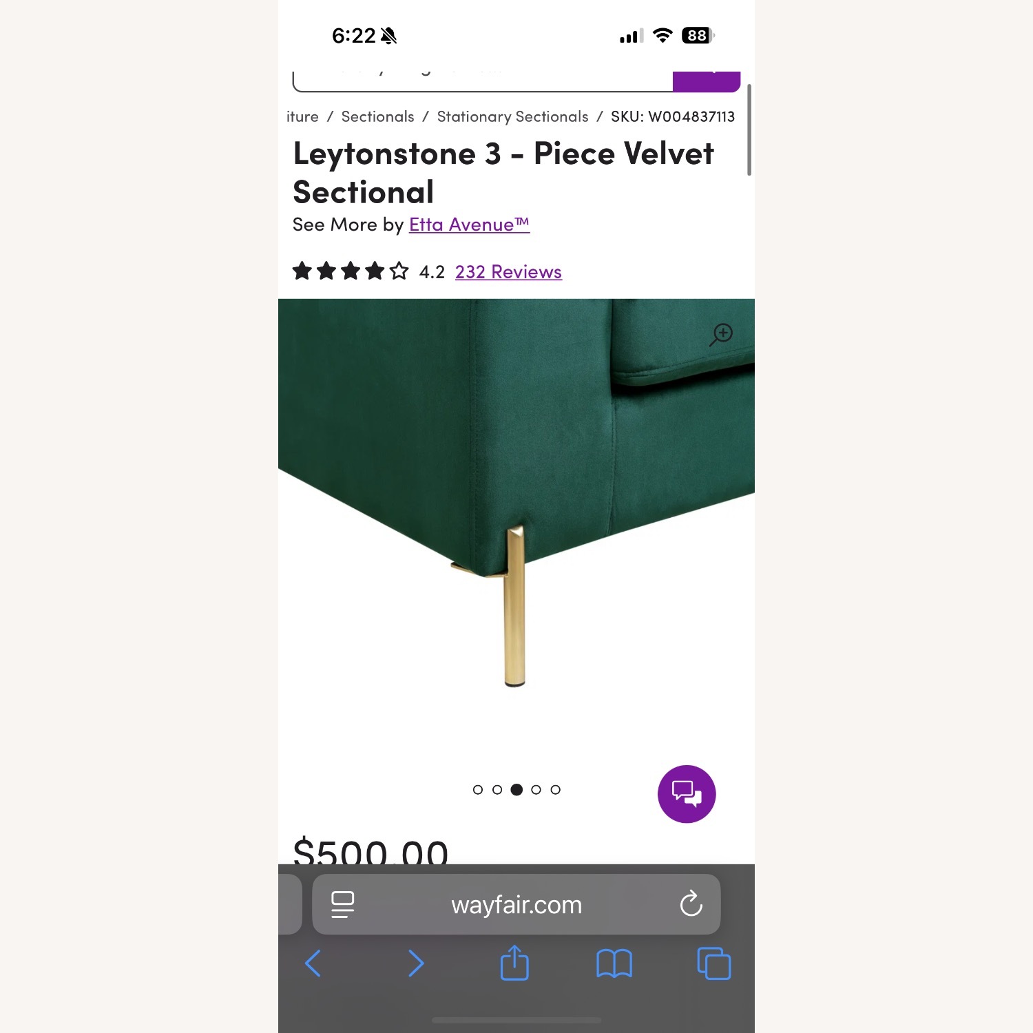 Wayfair Leytonstone 3 Piece Velvet Sectional - image-9