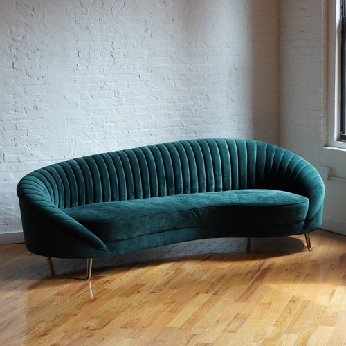 Used Curved Retro Modern Sofa in Evergreen Velvet for sale on AptDeco