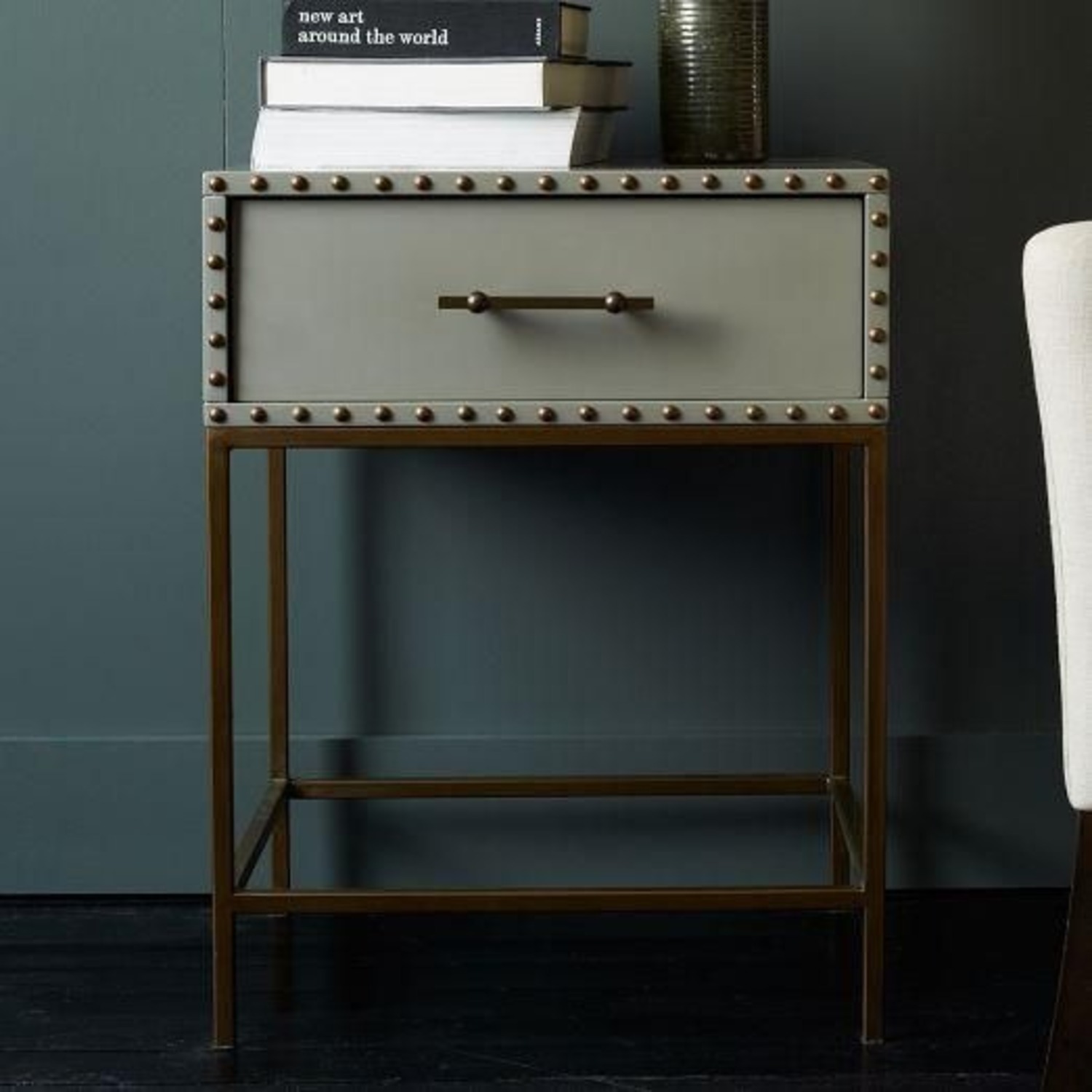 West Elm Nailhead Nightstand Grey Lacquer - image-3