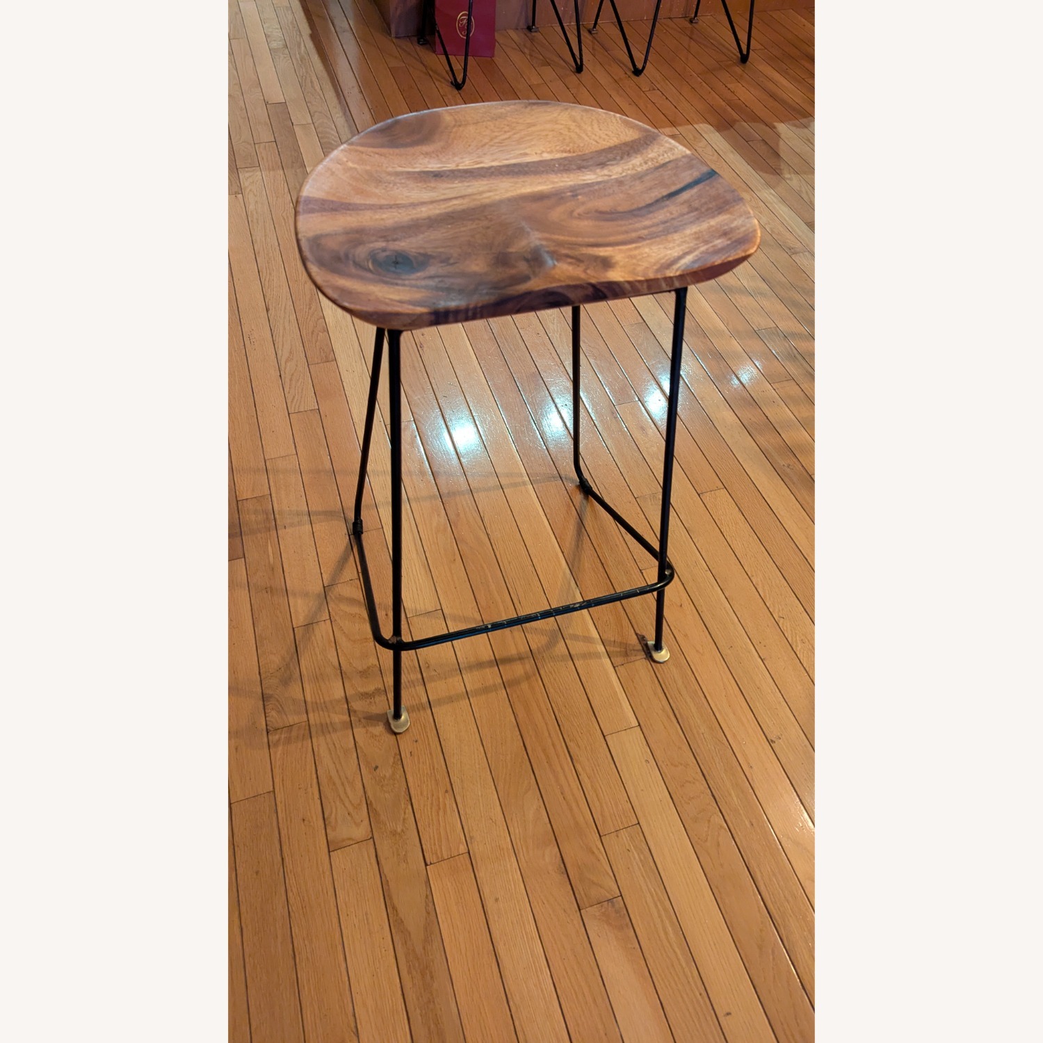Handsome Contoured Wood Stools With Metal Base - image-2