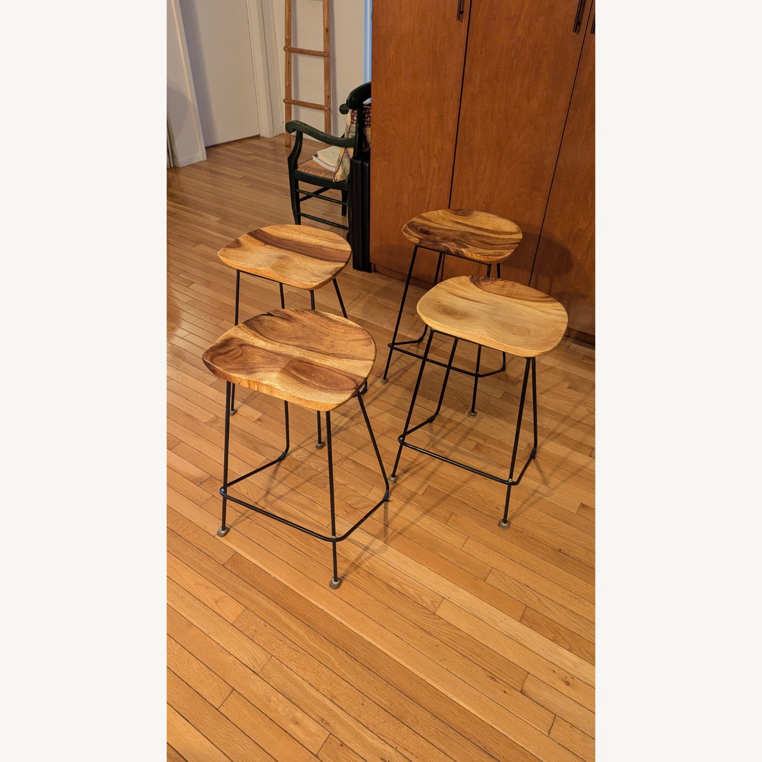 Handsome Contoured Wood Stools With Metal Base - image-1