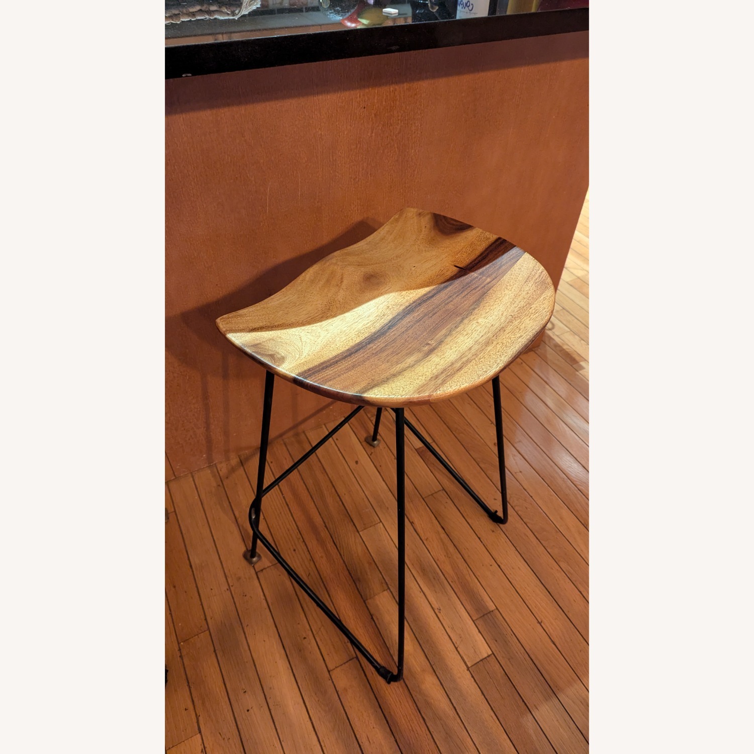 Handsome Contoured Wood Stools With Metal Base - image-4