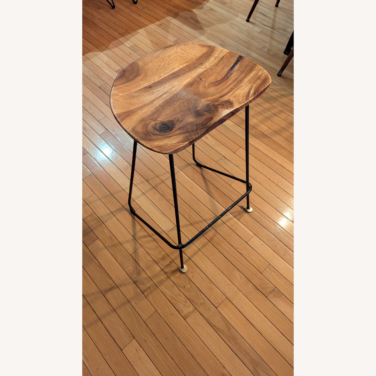 Handsome Contoured Wood Stools With Metal Base - image-3