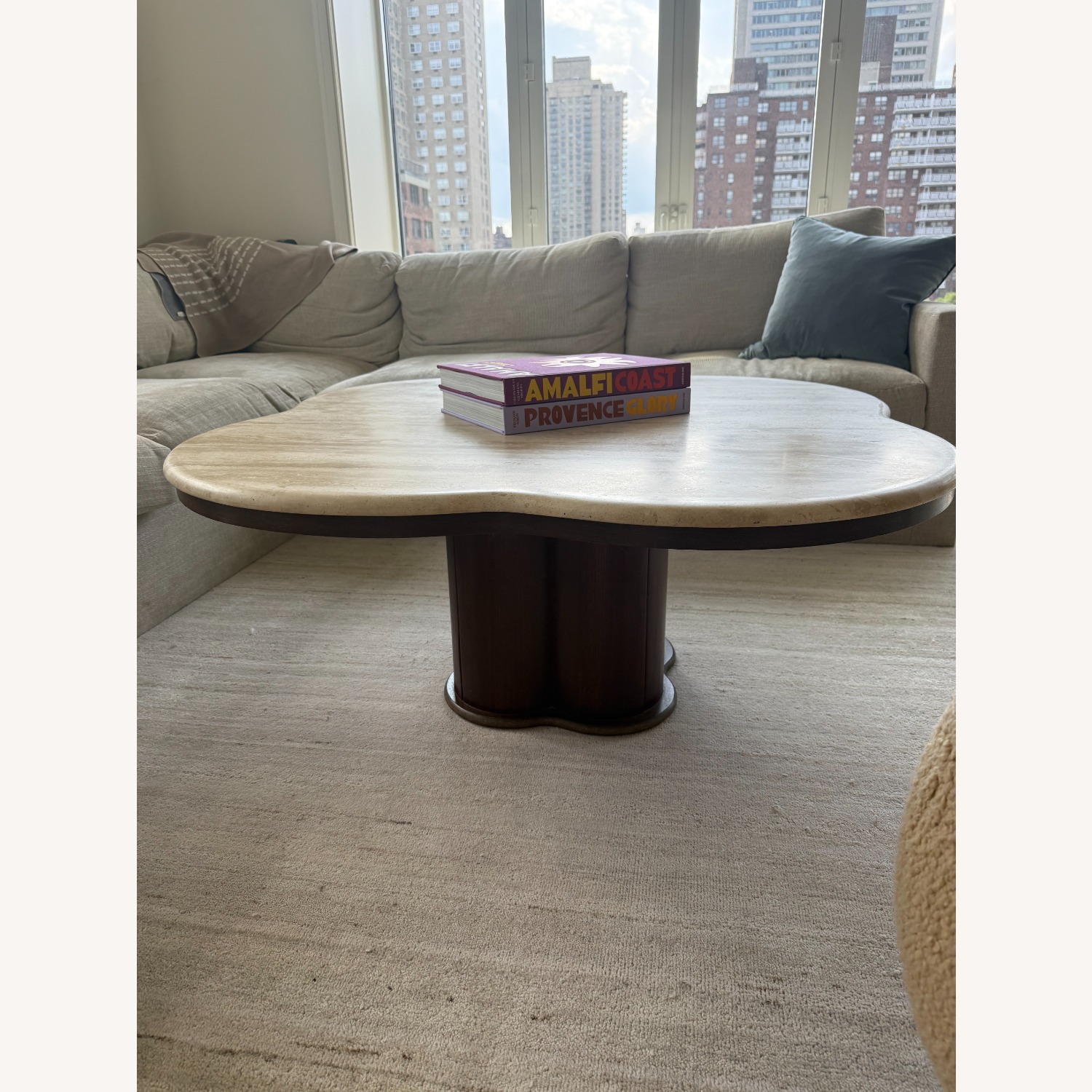 Vintage Travertine and Wood Coffee Table 1960s - image-1