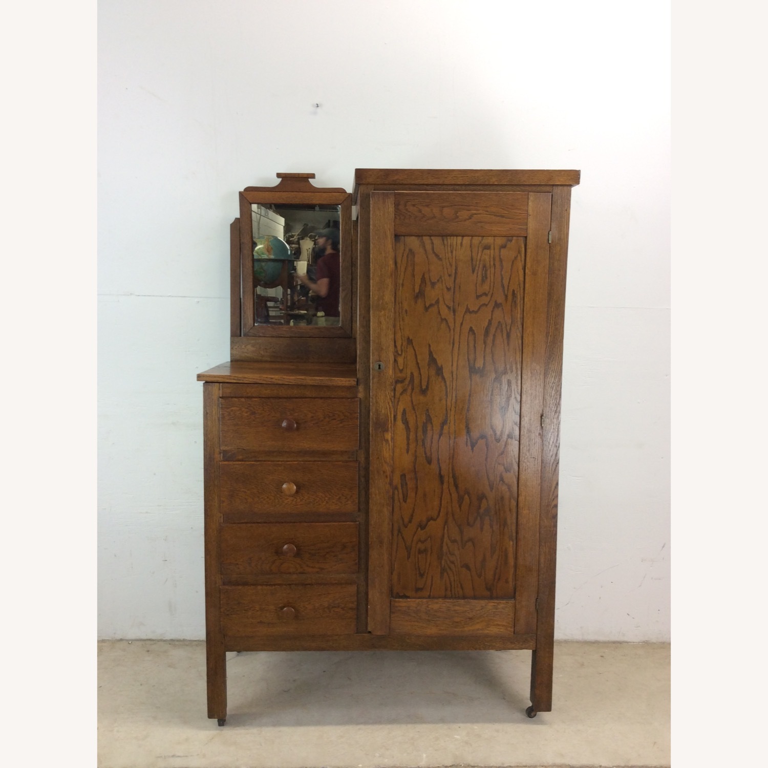 Antique Oak Side by Side Armoire with Mirror - image-1
