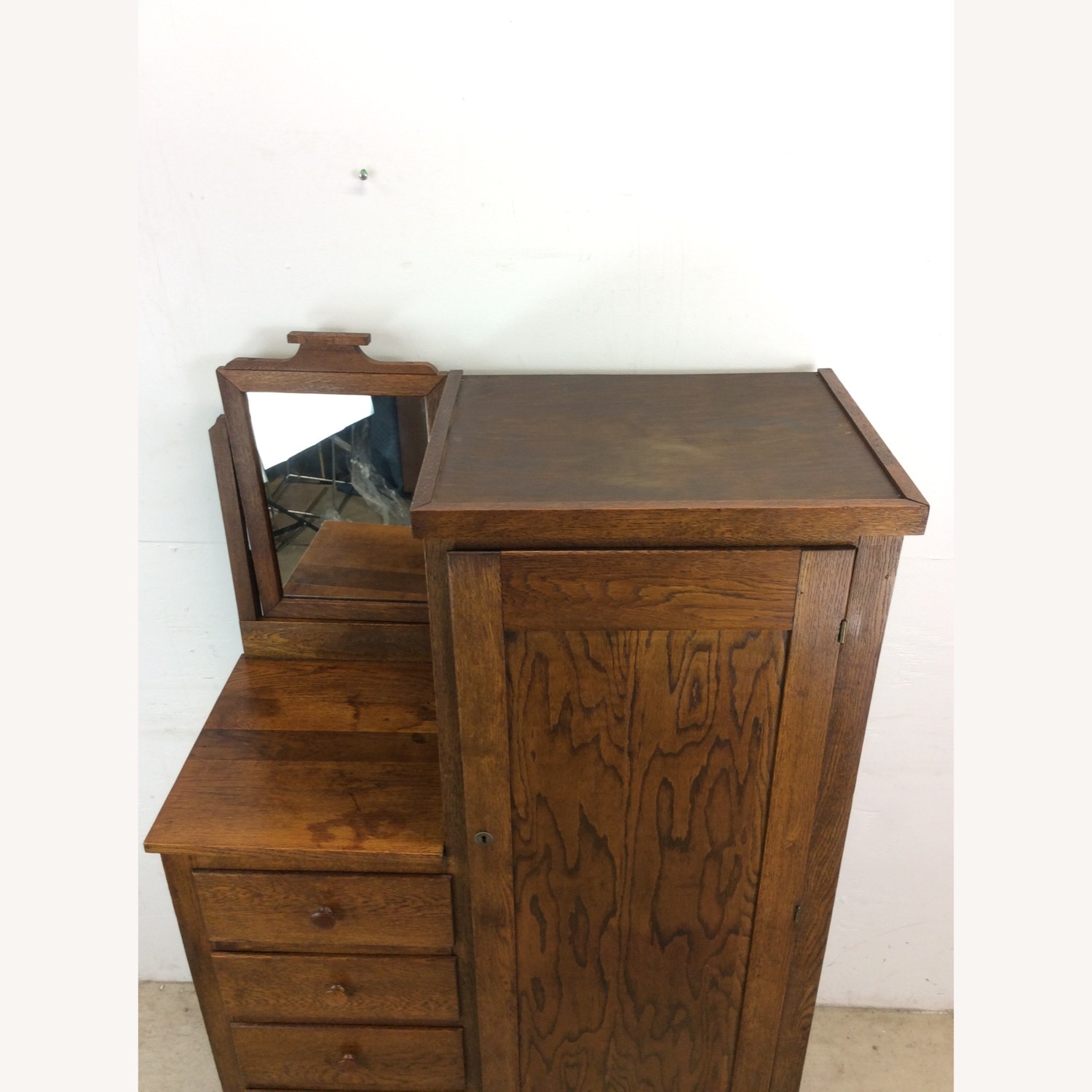 Antique Oak Side by Side Armoire with Mirror - image-7