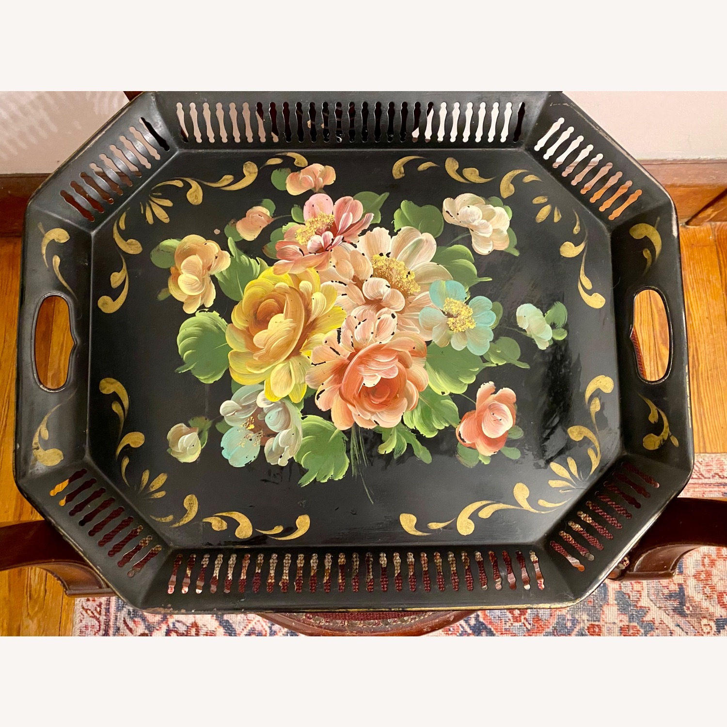 Toleware Hand Painted Floral Metal Tray Wall Art - image-1