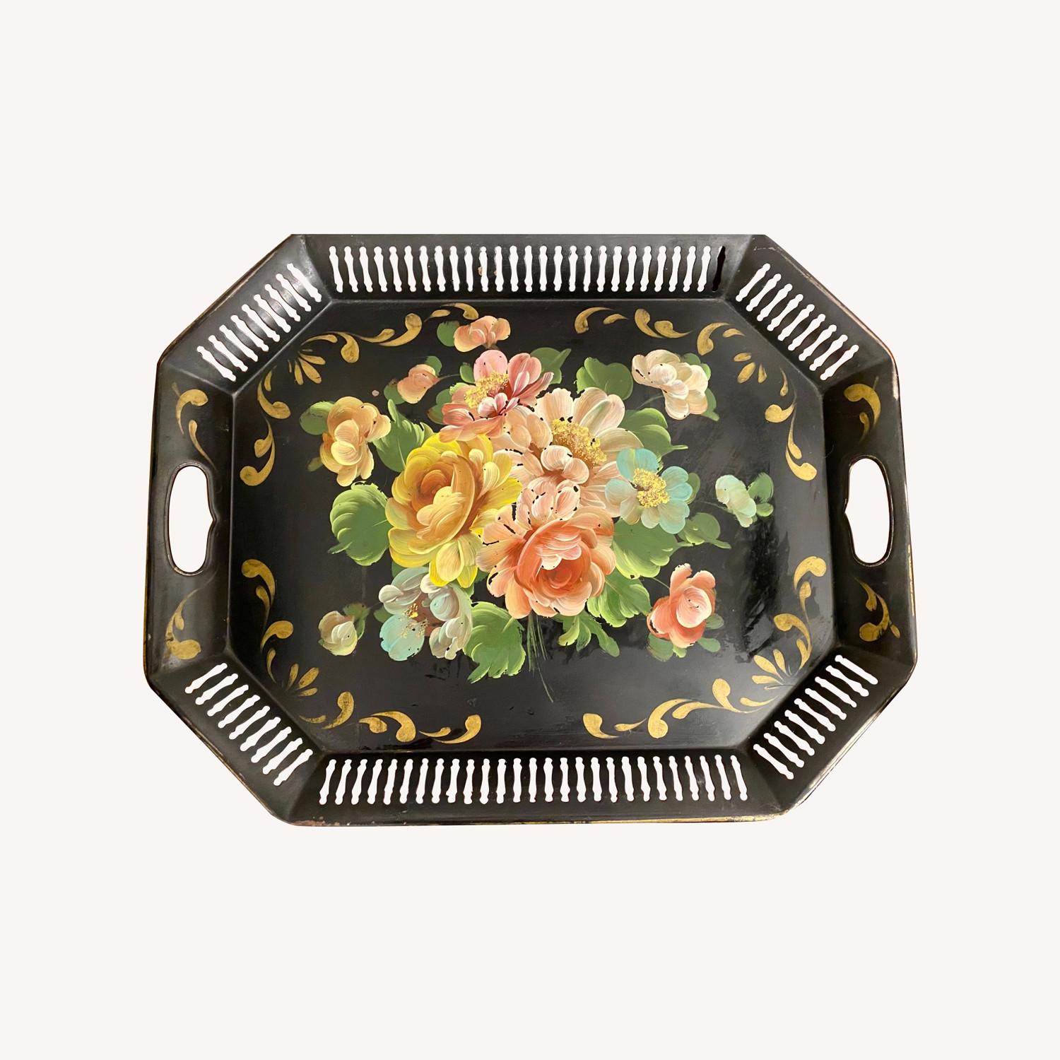 Toleware Hand Painted Floral Metal Tray Wall Art - image-0