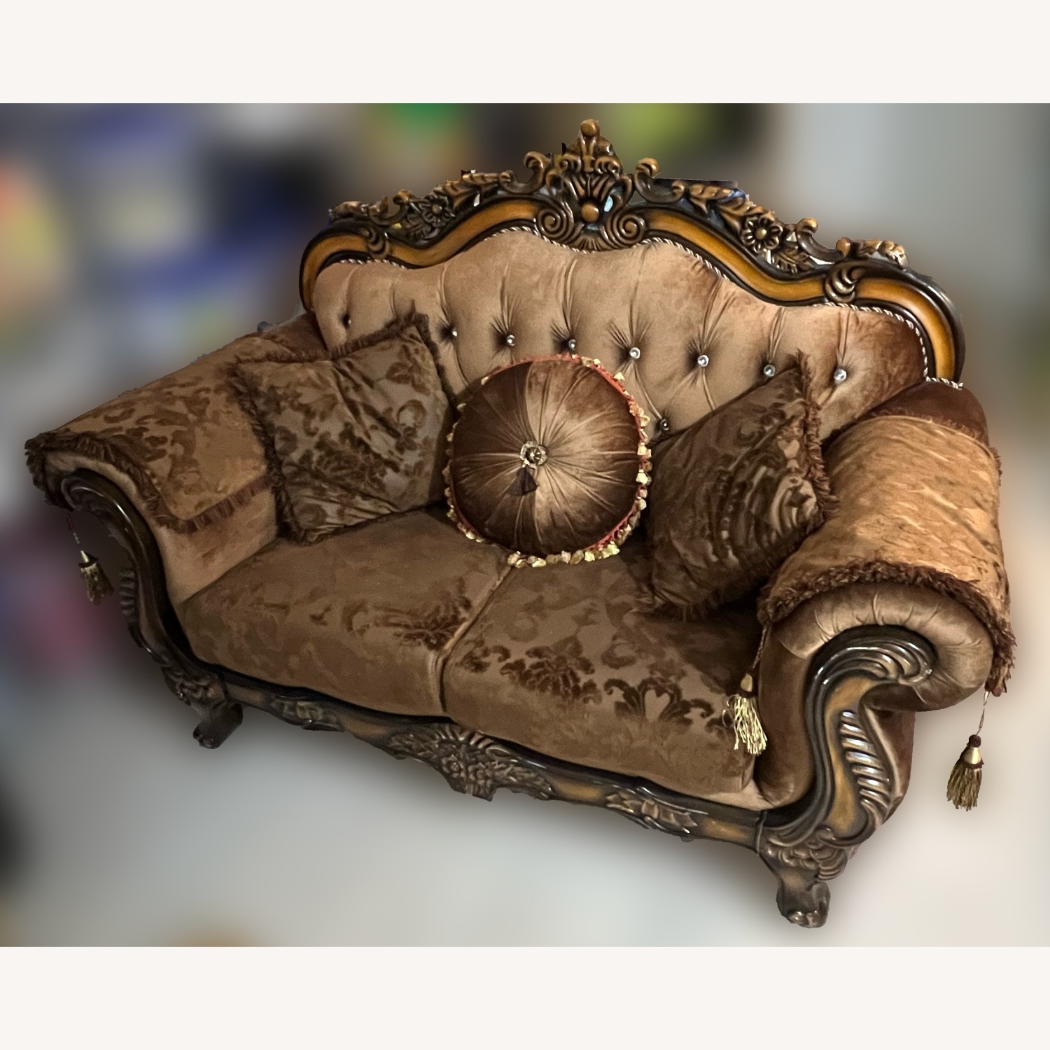 Brown Velvet Tufted Loveseat - image-1