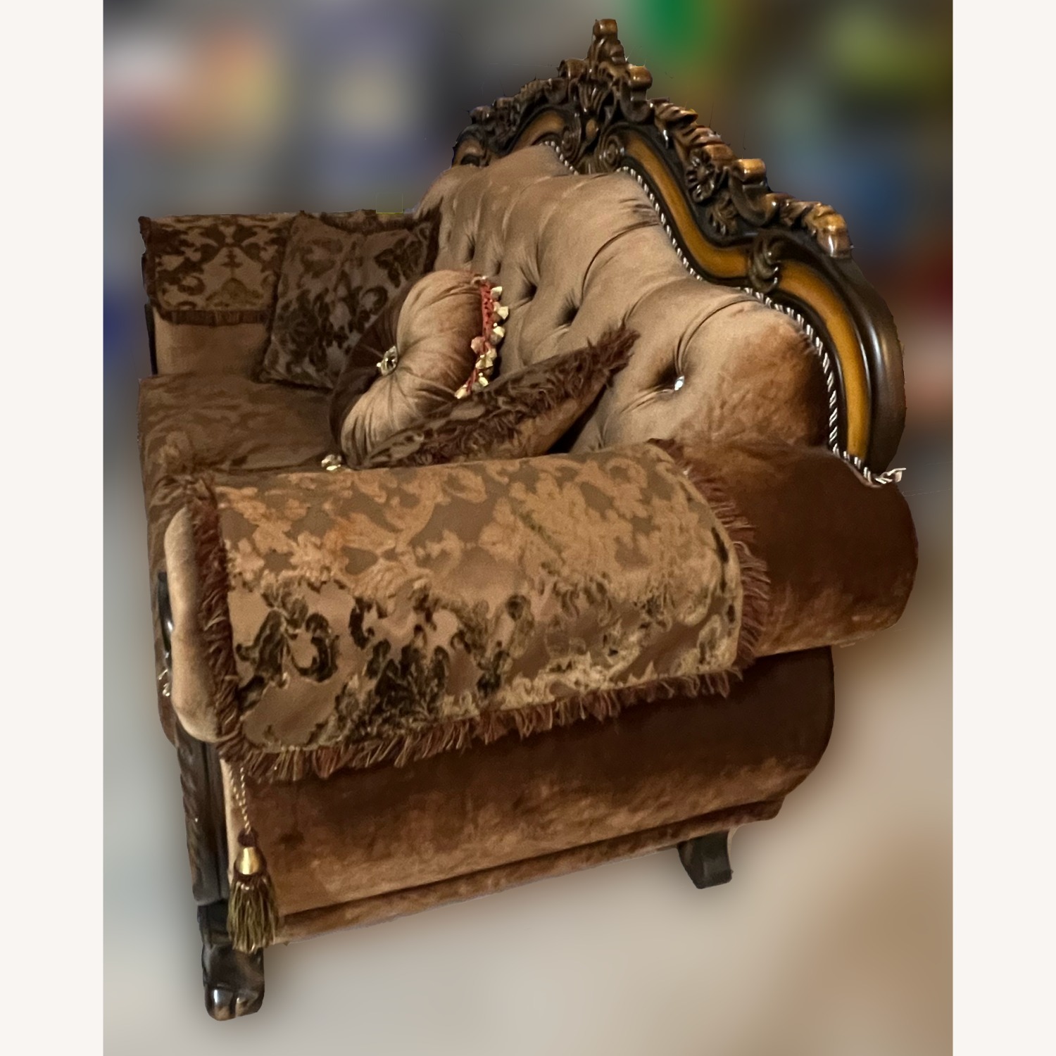 Brown Velvet Tufted Loveseat - image-2