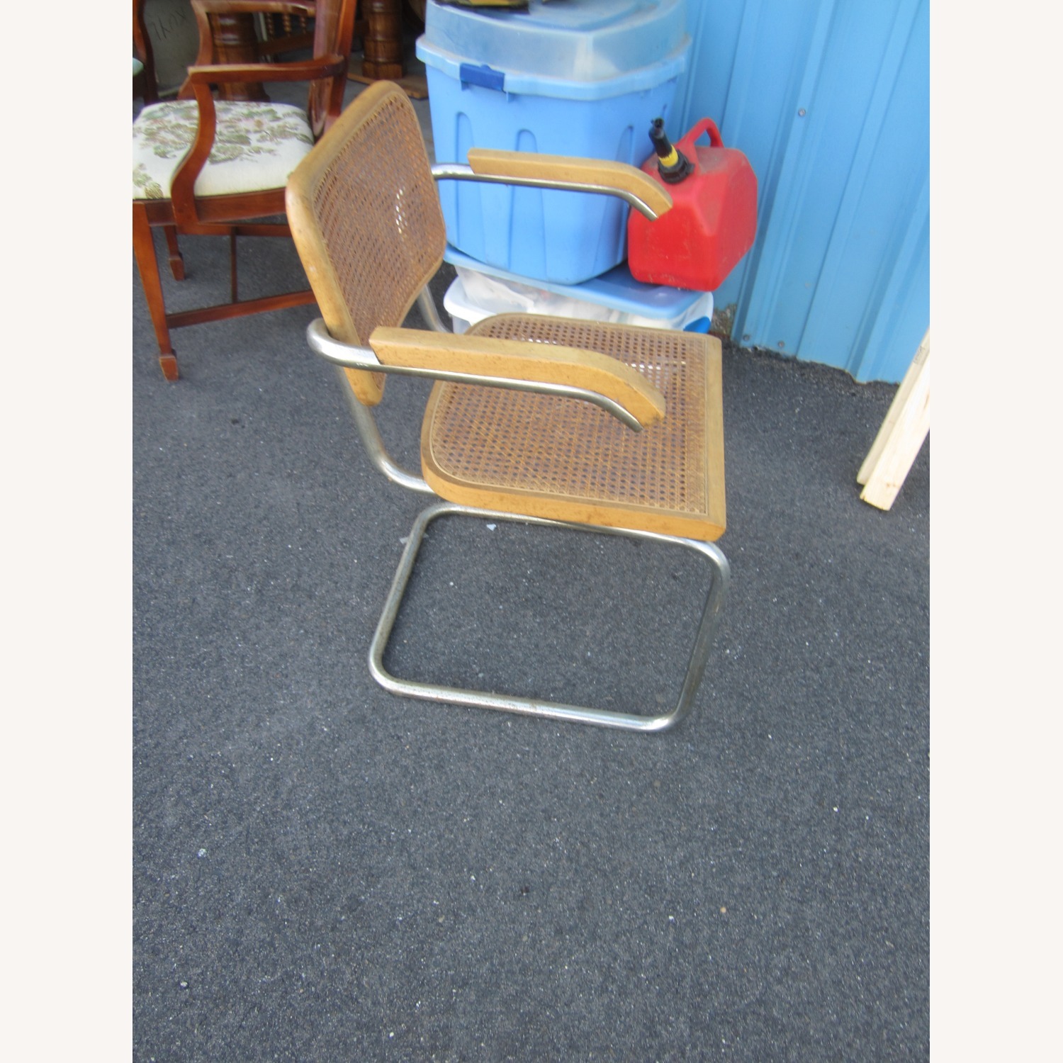 Vintage Rattan & Chrome Retro Chair Wood Arms - image-3