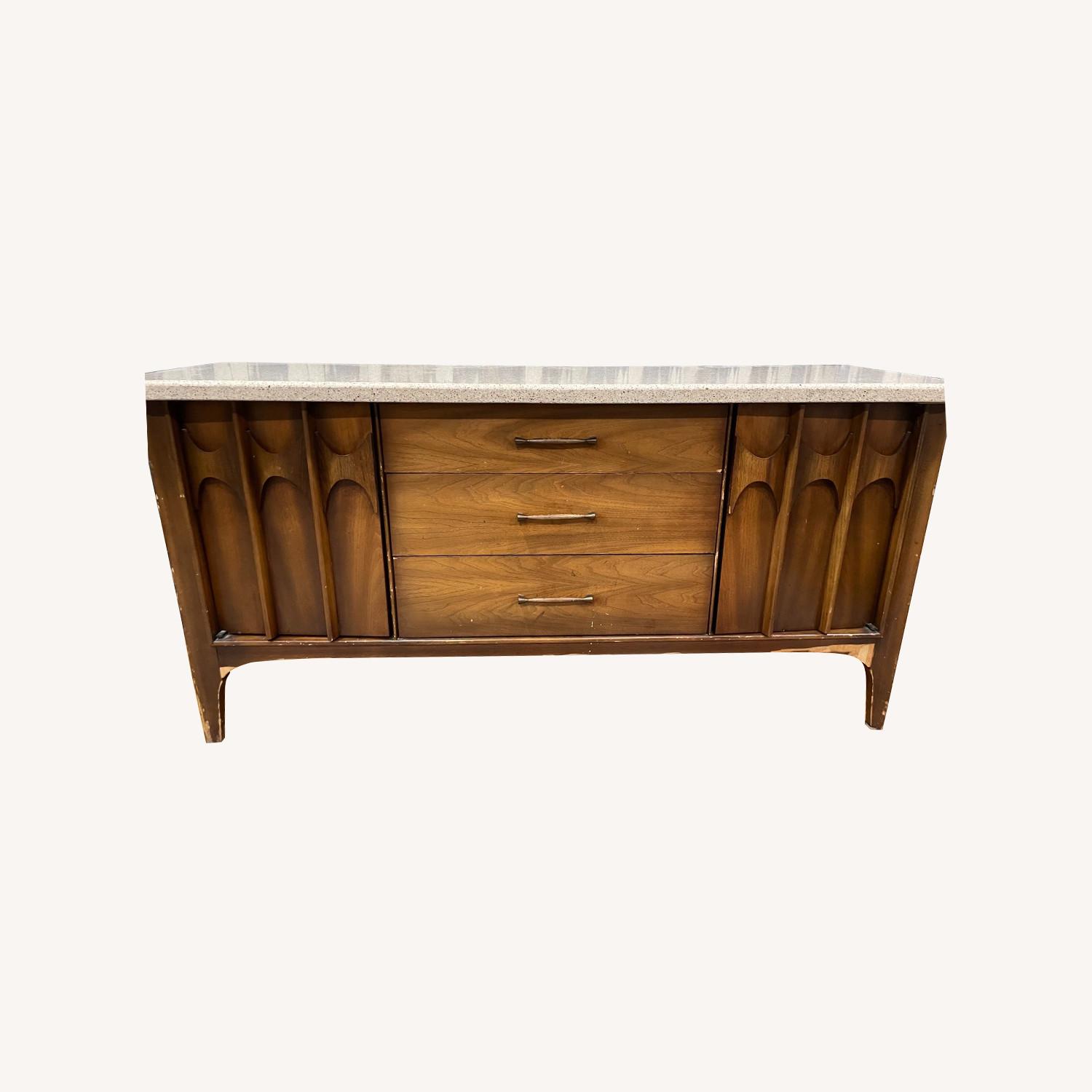 Mid Century Modern Wood Console with Granite Top - image-0