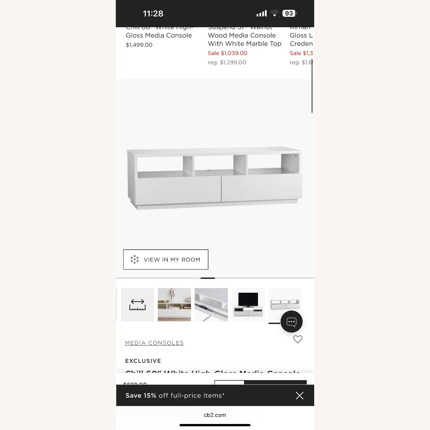 CB2 Chill 60" White High-Gloss Media Console - image-3