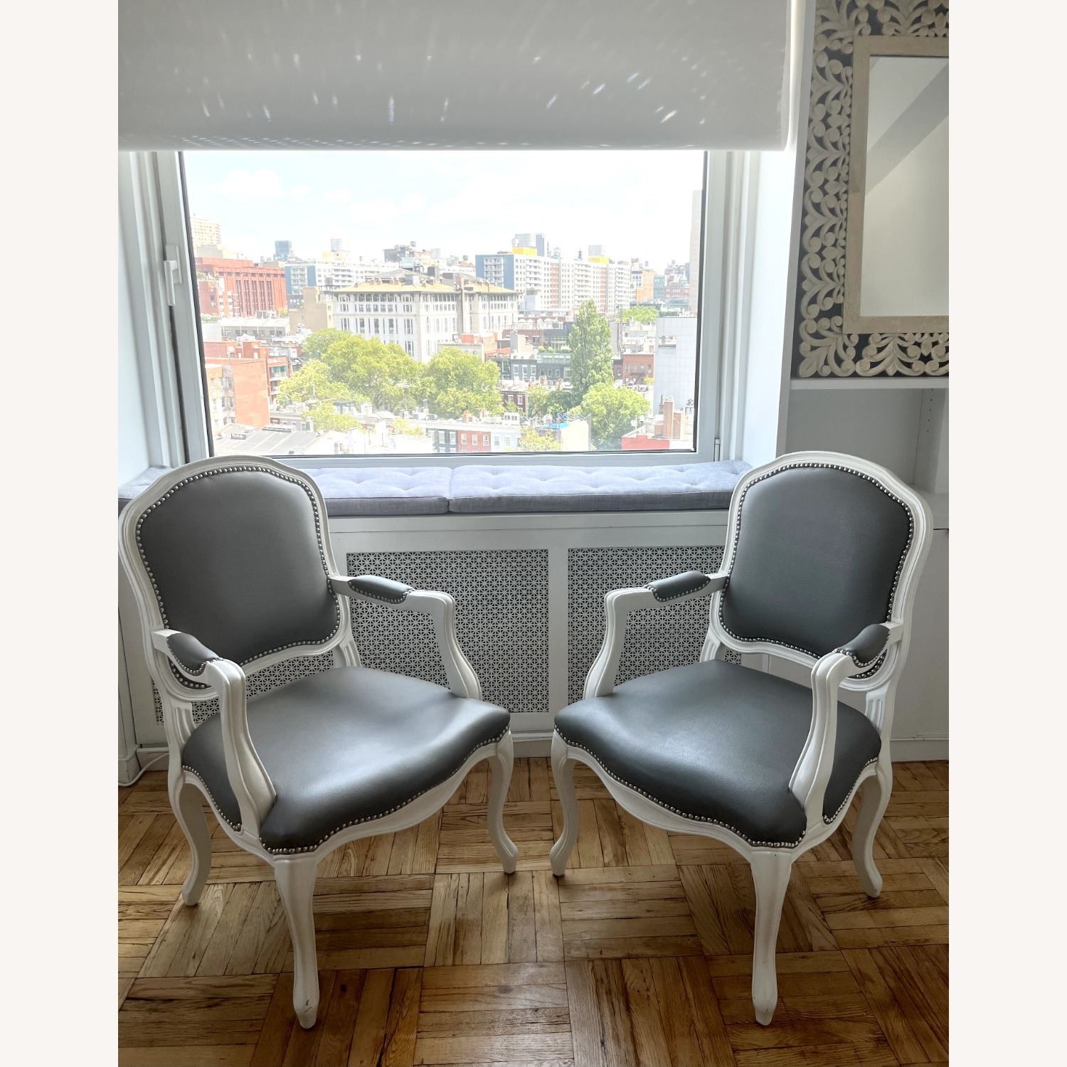 Two CB2 Stick Around White Grey Leather Armchairs - image-0