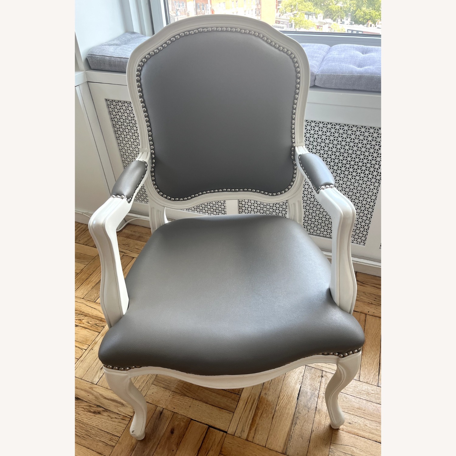 Two CB2 Stick Around White Grey Leather Armchairs - image-5