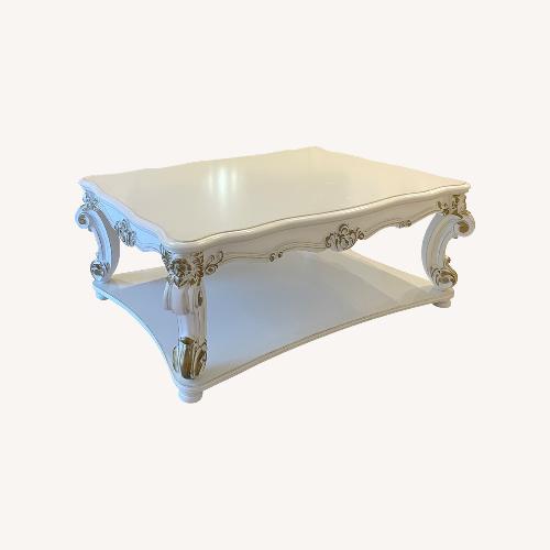 Used Home Depot White and Gold Rectangle Wood Coffee Table for sale on AptDeco