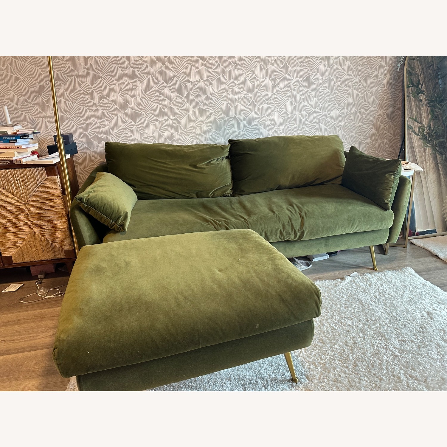 Albany Park Velvet Olive Green Couch w Matching Ottoman - image-1