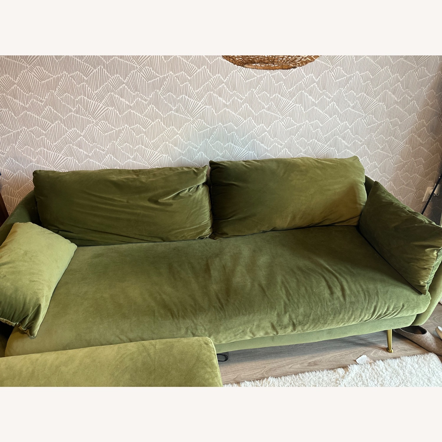 Albany Park Velvet Olive Green Couch w Matching Ottoman - image-3