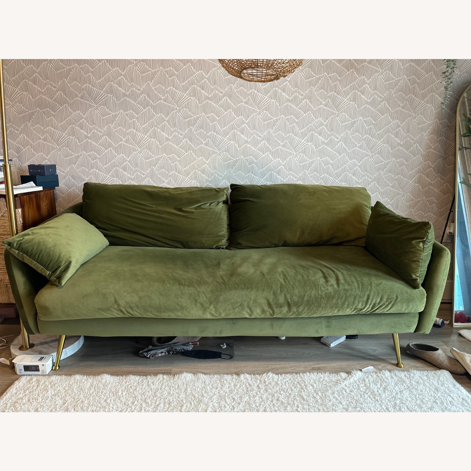 Albany Park Velvet Olive Green Couch w Matching Ottoman - image-4