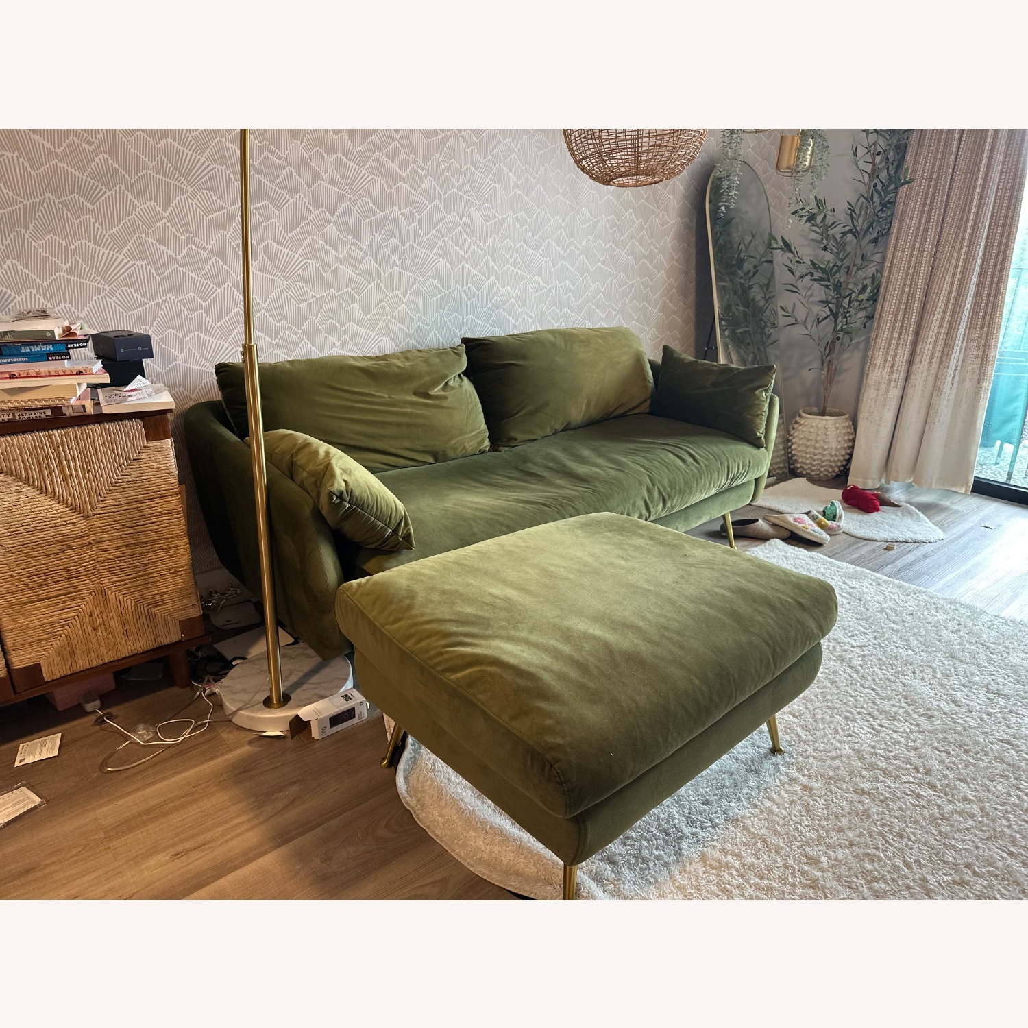 Albany Park Velvet Olive Green Couch w Matching Ottoman - image-6