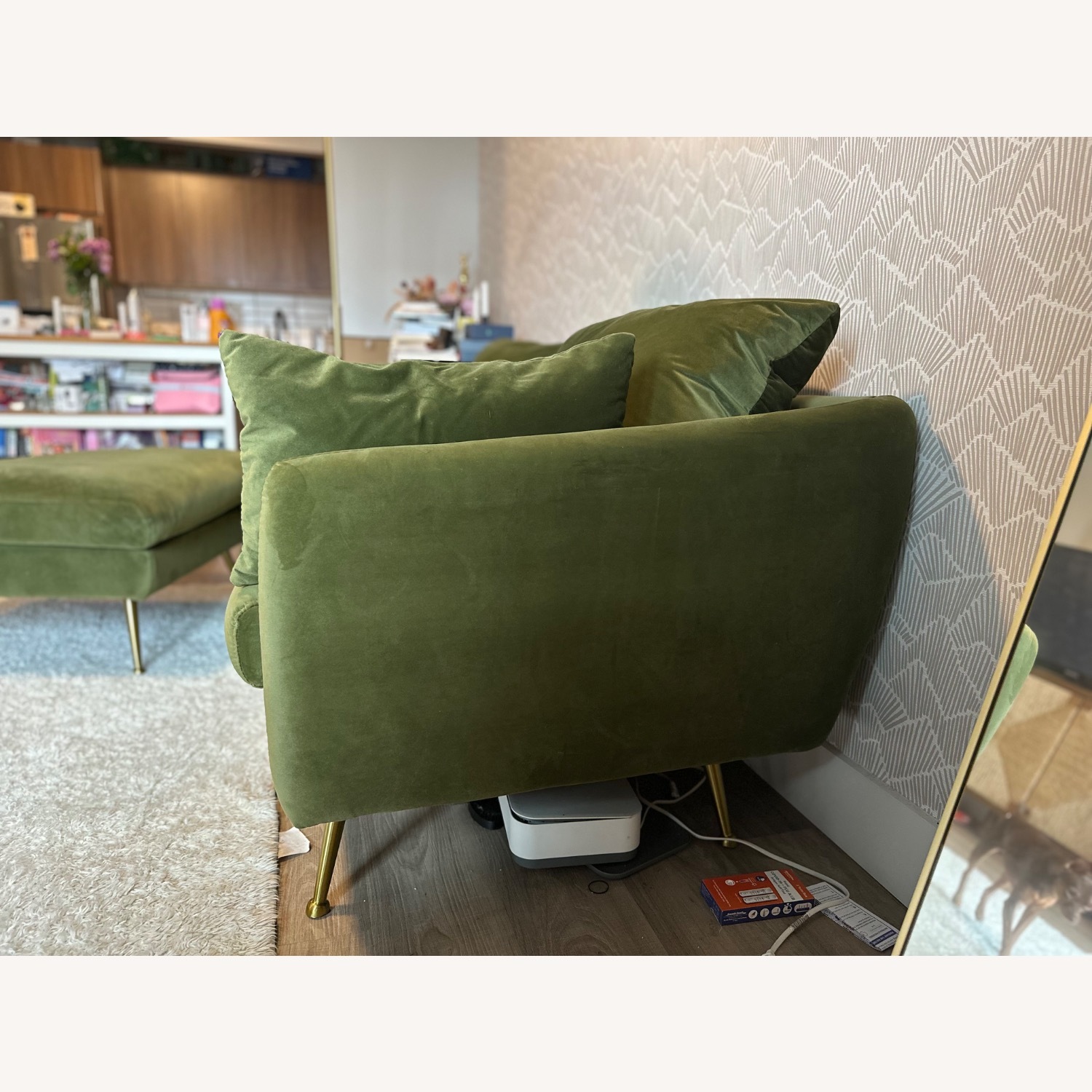 Albany Park Velvet Olive Green Couch w Matching Ottoman - image-2