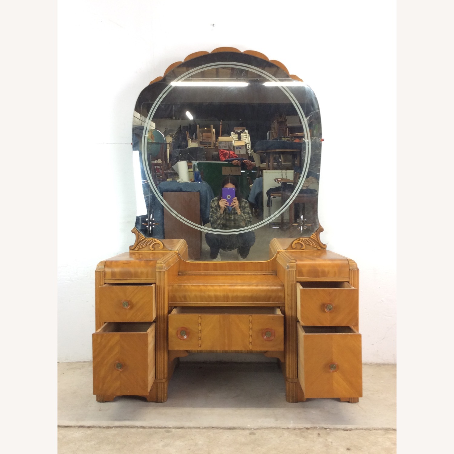 Art Deco Waterfall Vanity with Mirror & Stool - image-17