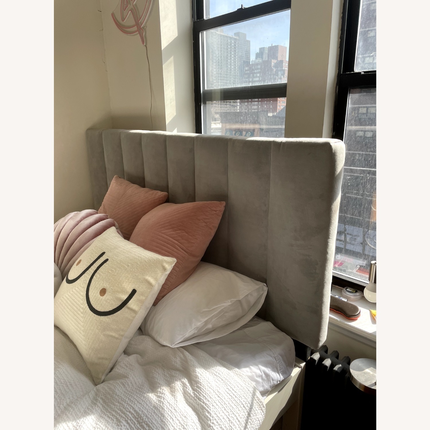 West Elm Queen Channel Dove Grey Velvet Headboard - image-5