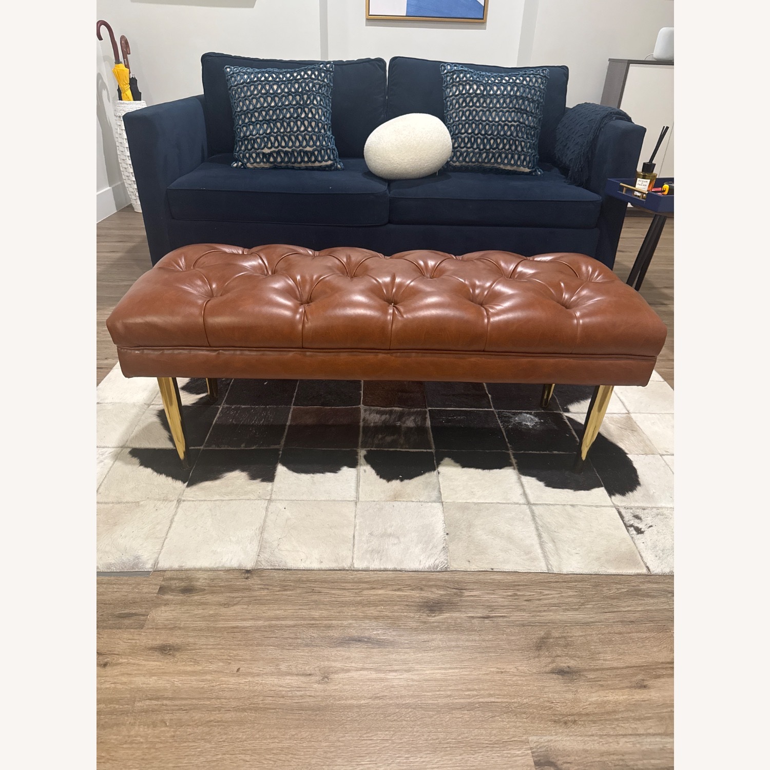 Modern Faux Leather Bench Padded Seat Brown - image-1