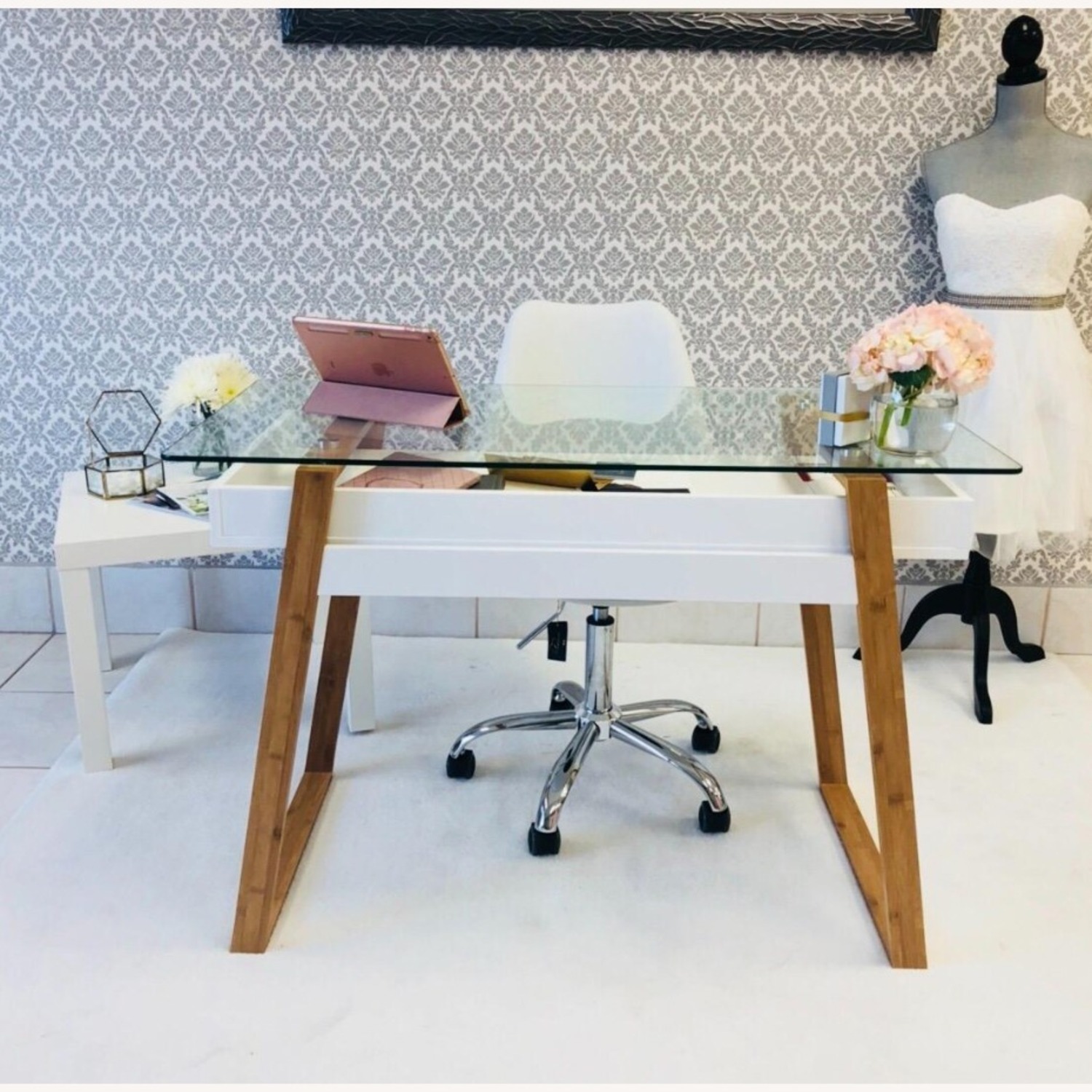 Modern Style White Bamboo Glass Office Desk - image-2