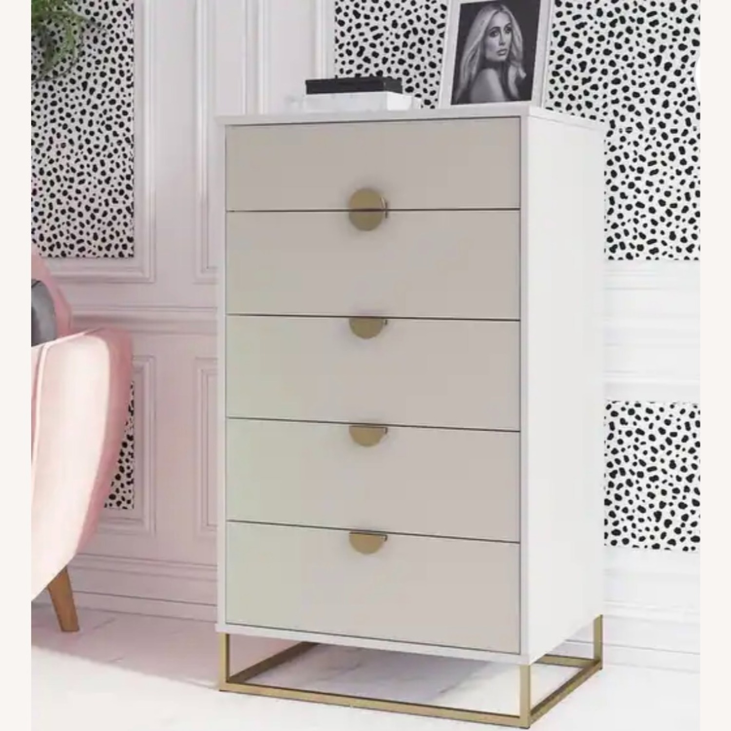 5 Drawer Dresser in White/Taupe/Gold - image-0