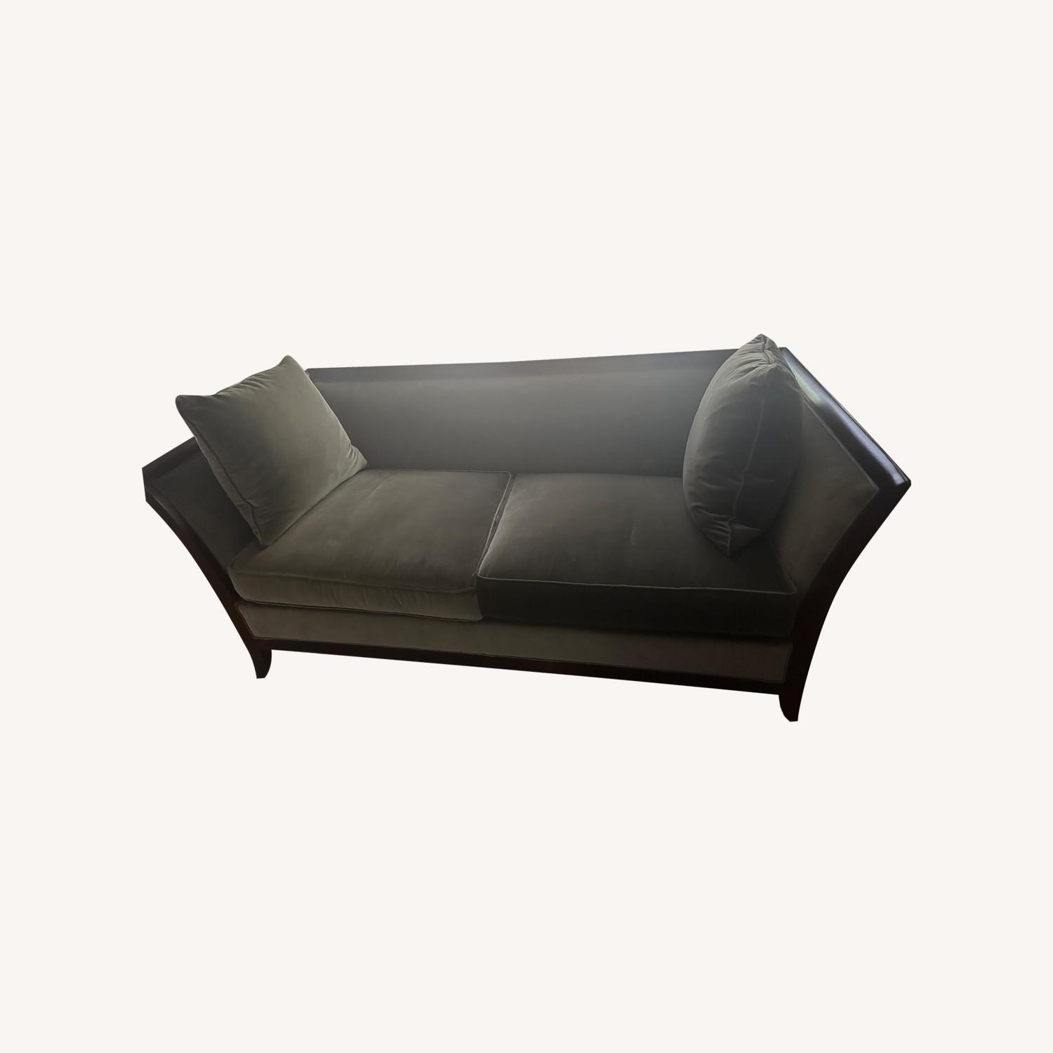 Grey and Dark Wood Suede Loveseat - image-0