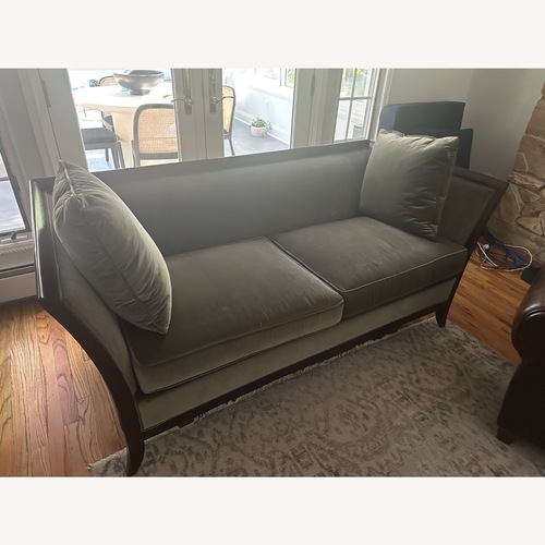 Used Grey and Dark Wood Suede Loveseat for sale on AptDeco