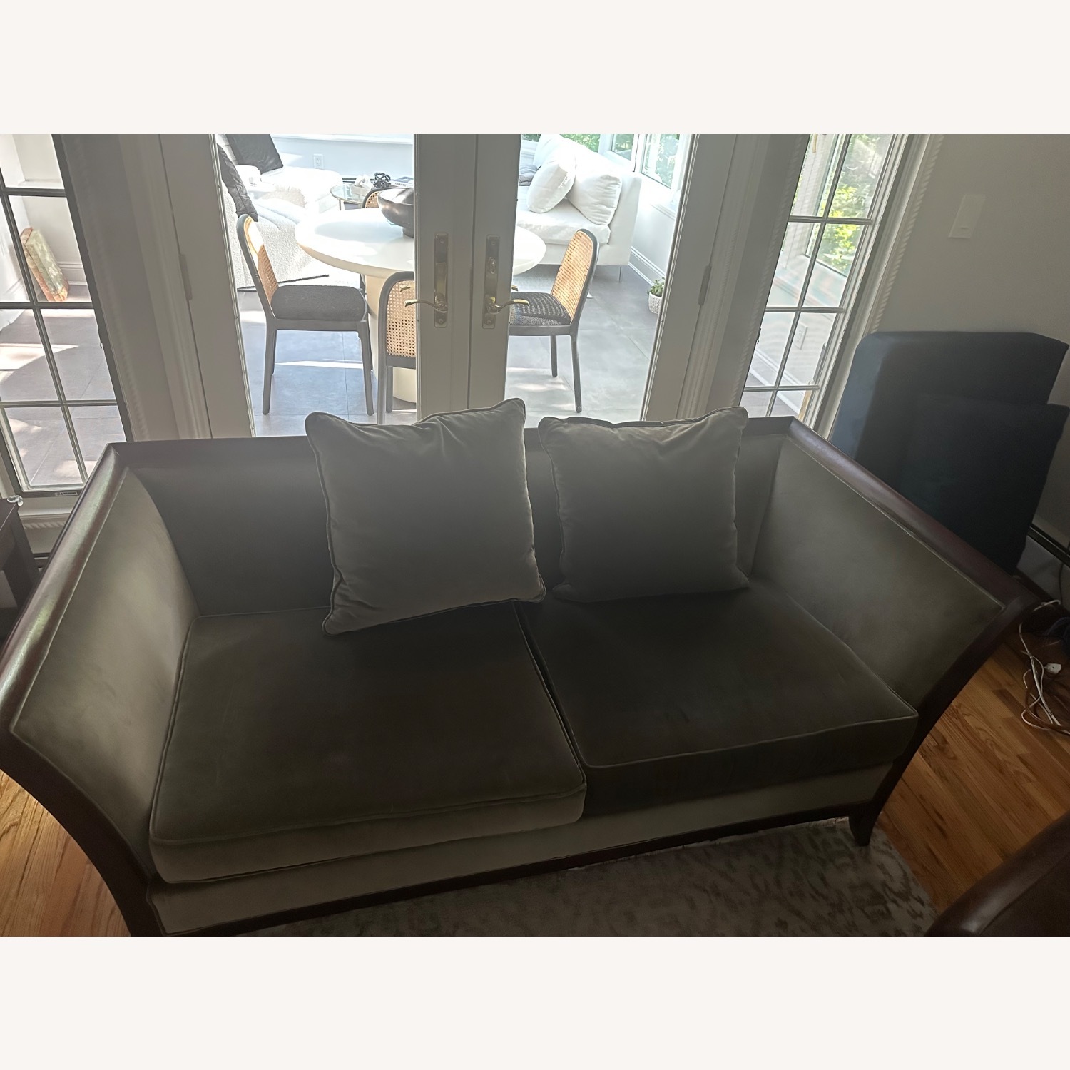 Grey and Dark Wood Suede Loveseat - image-7