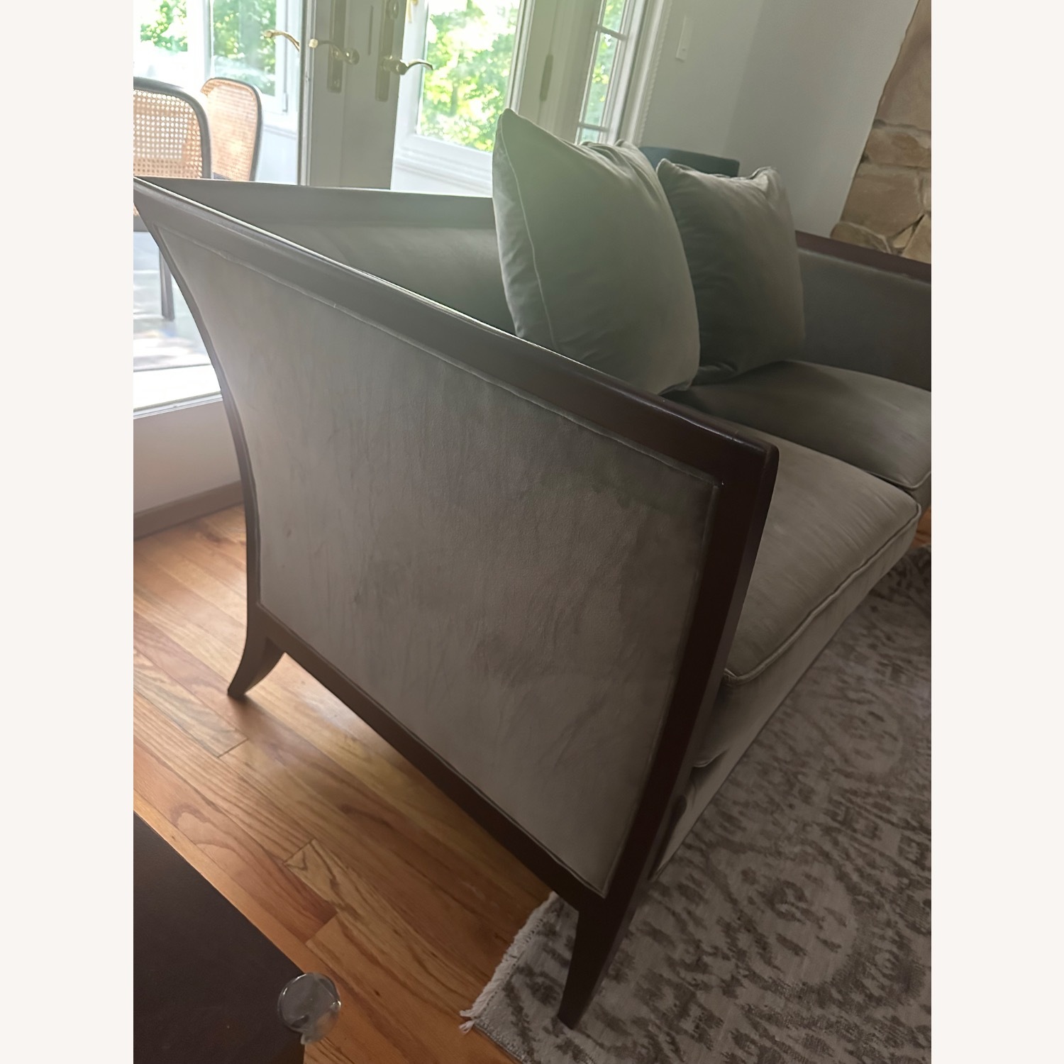 Grey and Dark Wood Suede Loveseat - image-3