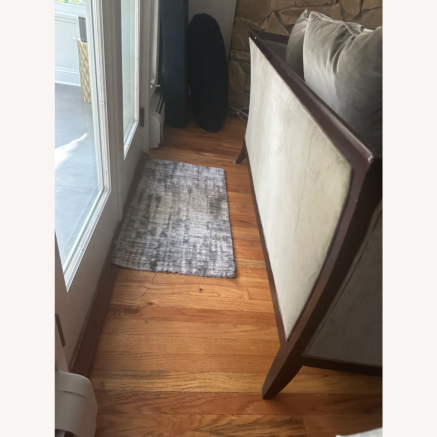 Grey and Dark Wood Suede Loveseat - image-5