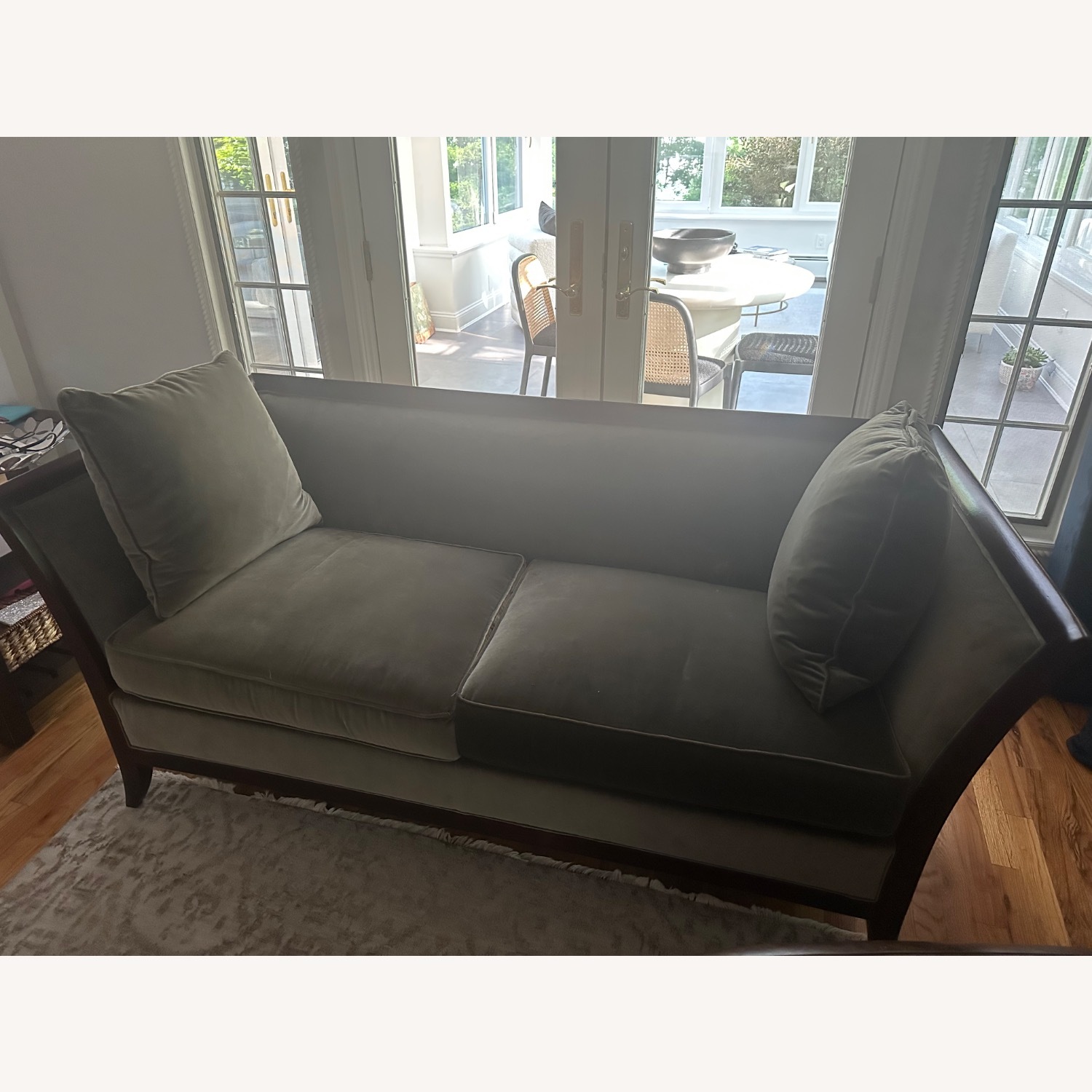 Grey and Dark Wood Suede Loveseat - image-8