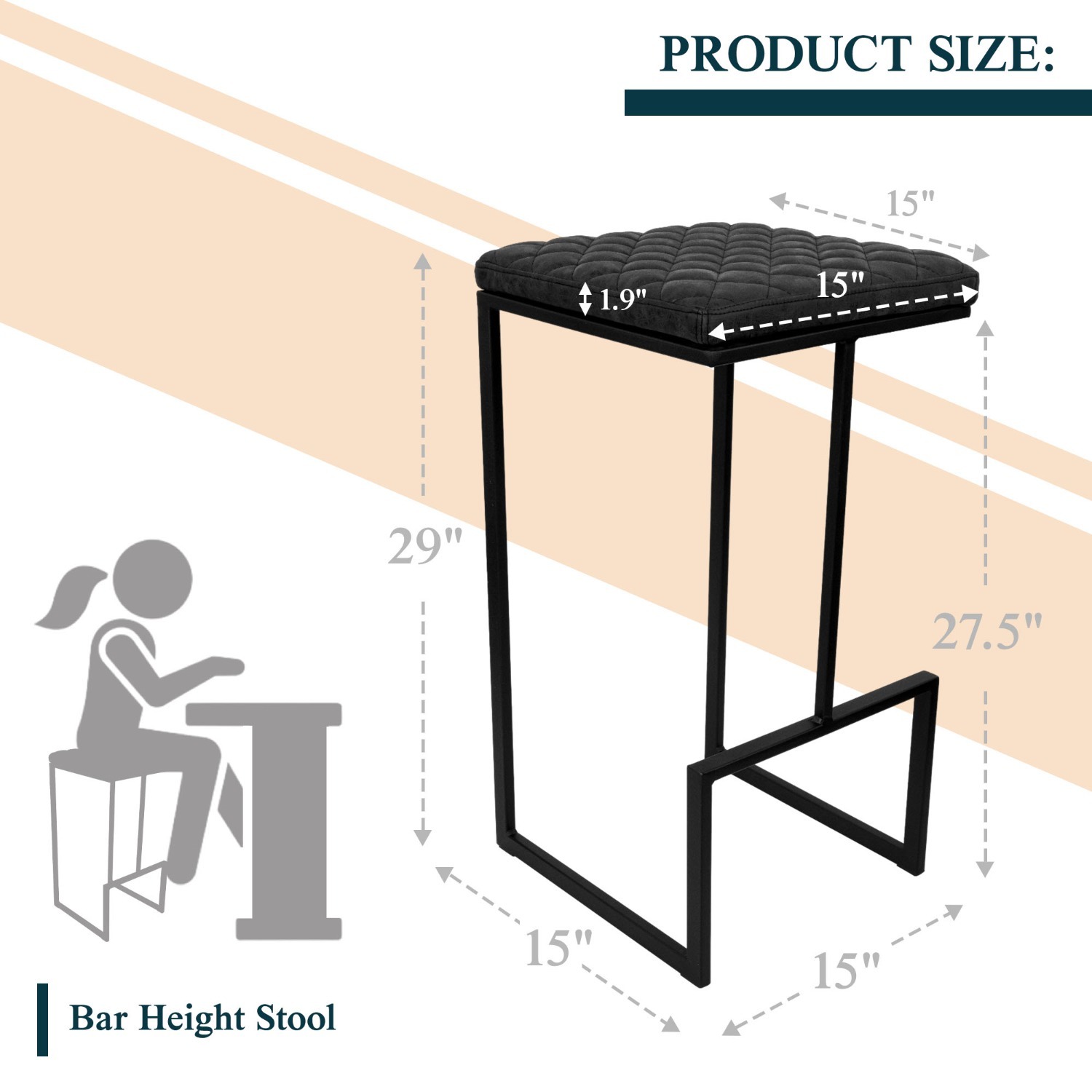 LeisureMod Quincy Black Leather Bar Stool in Metal - image-8