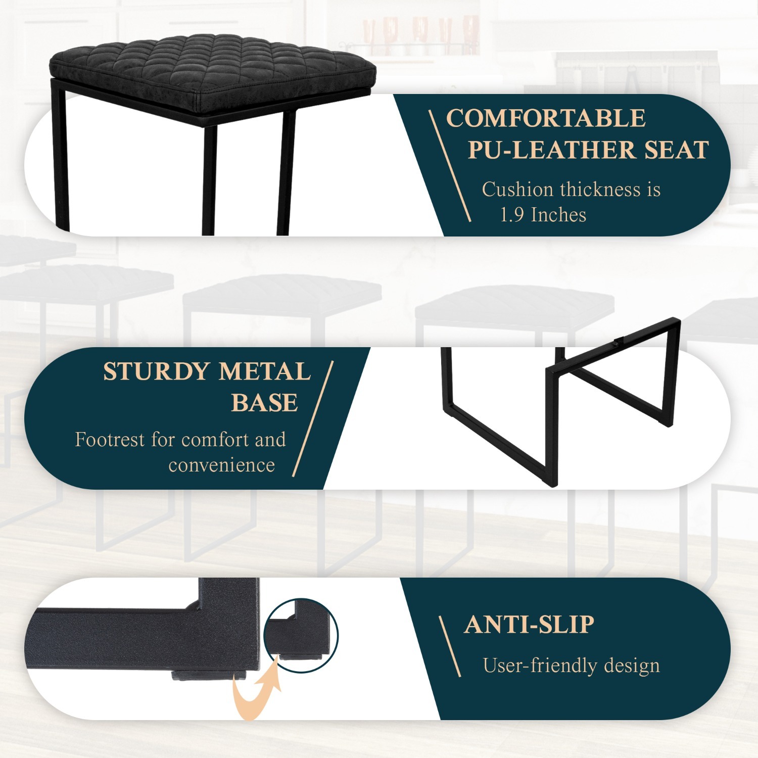 LeisureMod Quincy Black Leather Bar Stool in Metal - image-5