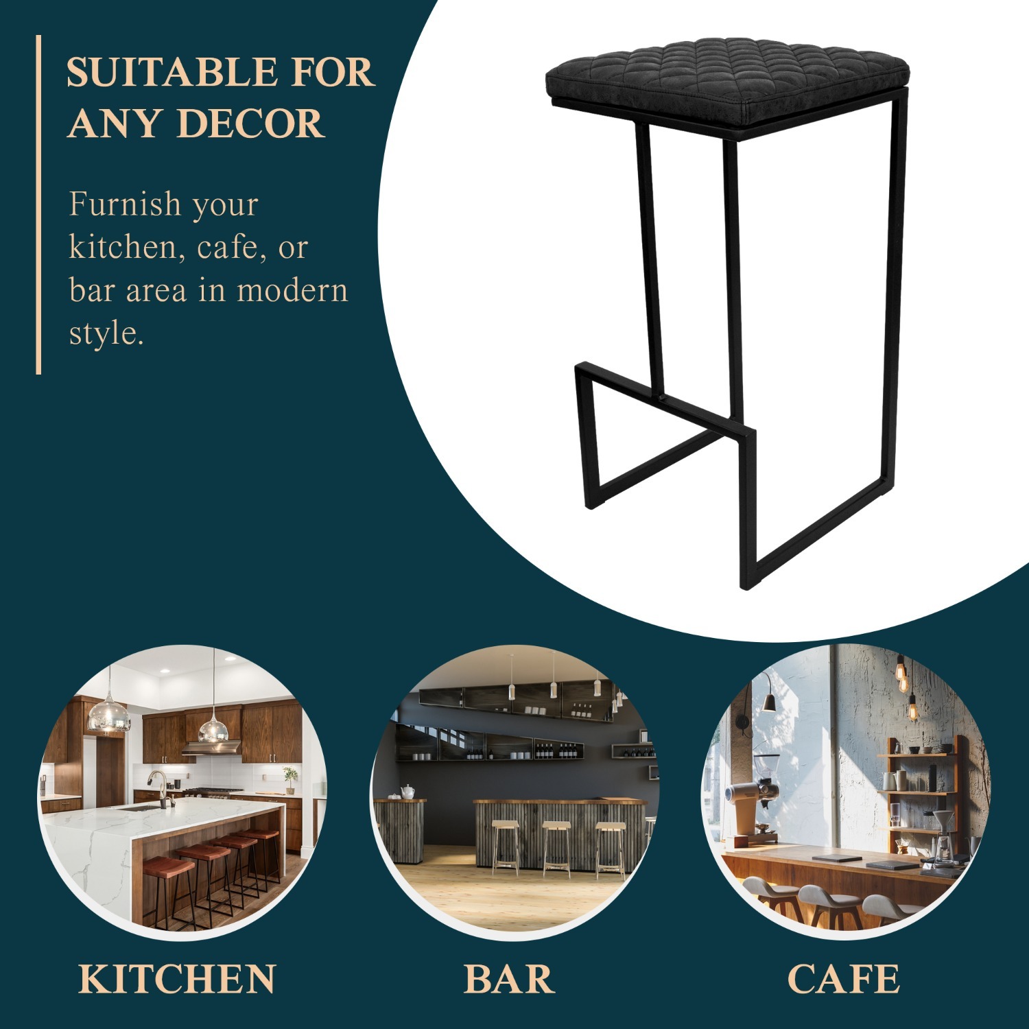 LeisureMod Quincy Black Leather Bar Stool in Metal - image-7