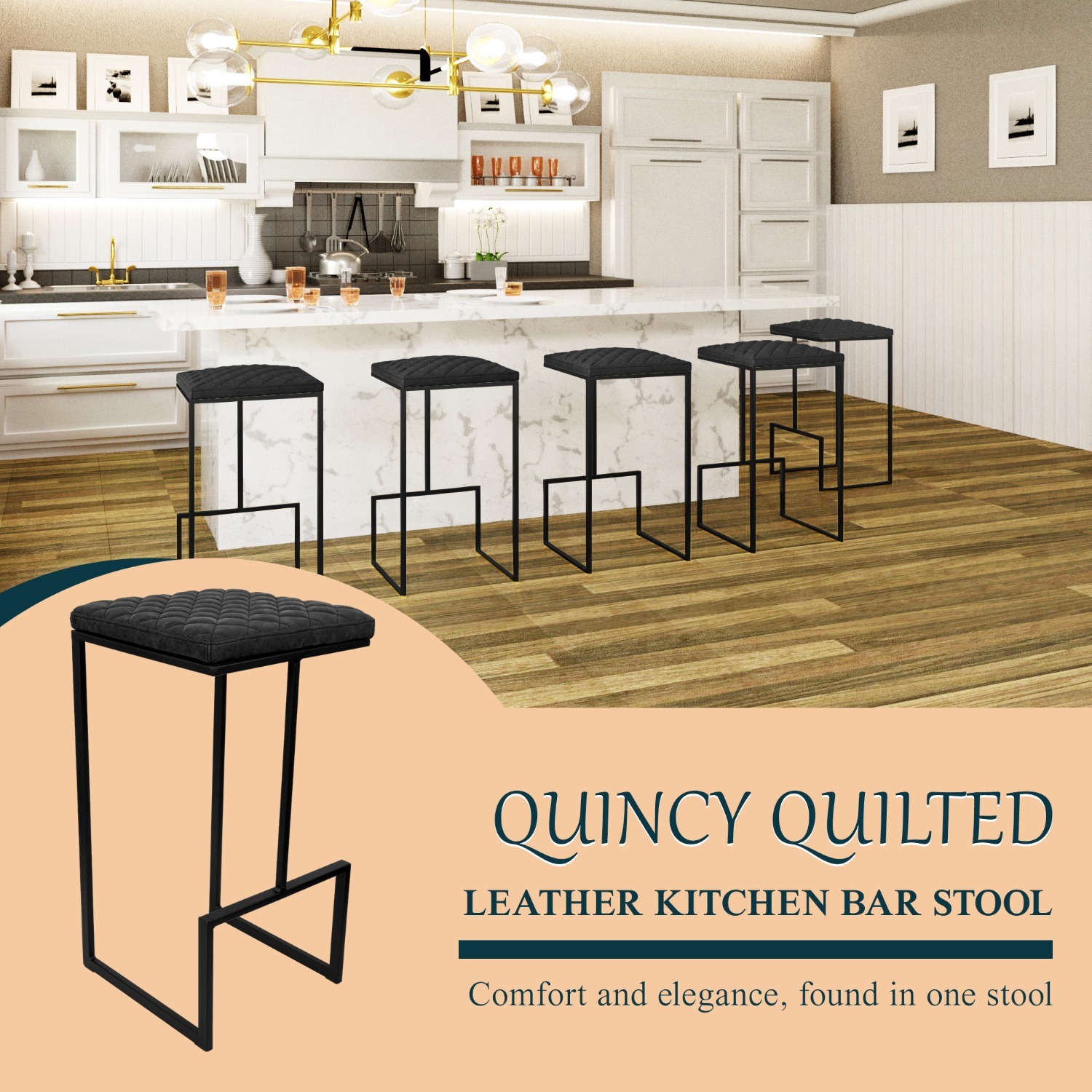 LeisureMod Quincy Black Leather Bar Stool in Metal - image-4