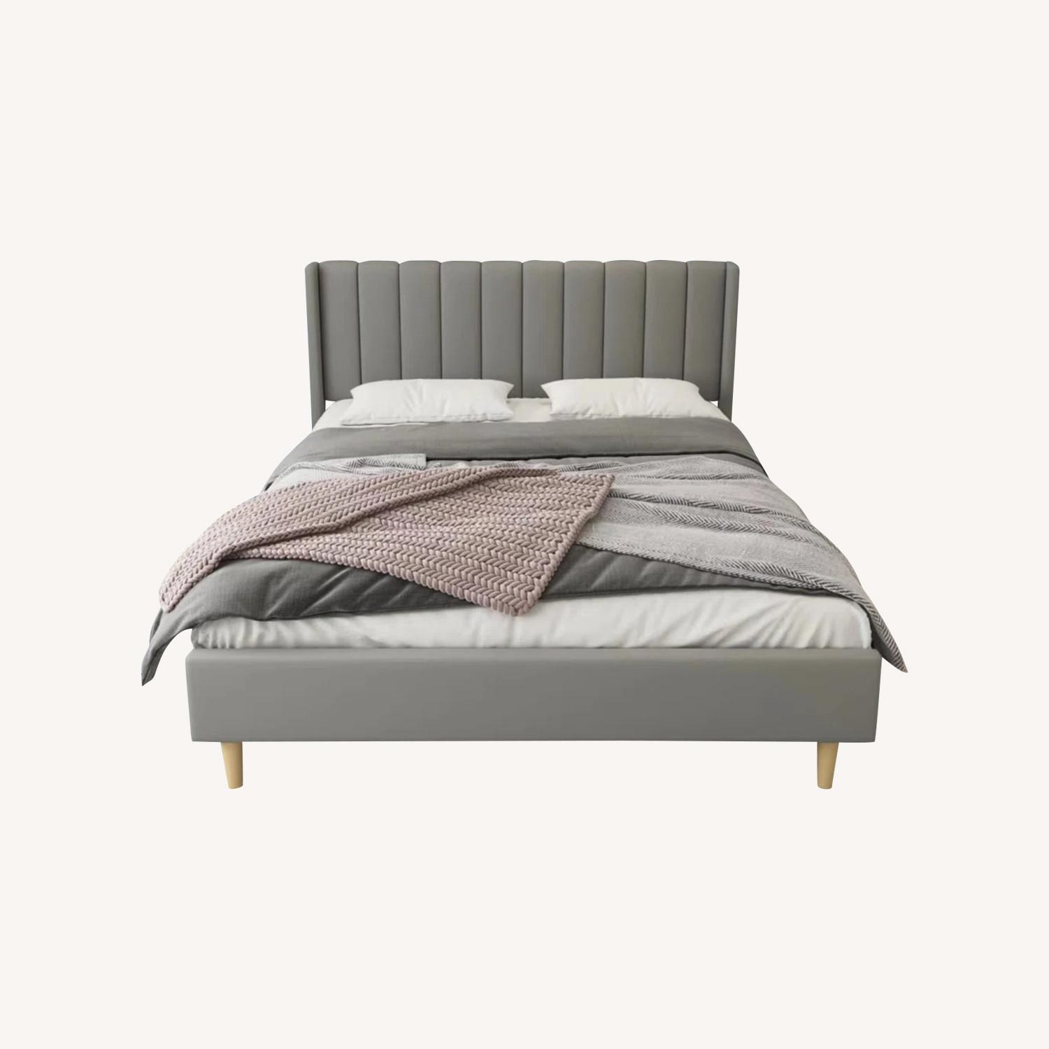 Gray Velvet Queen Bed W Headboard - image-0