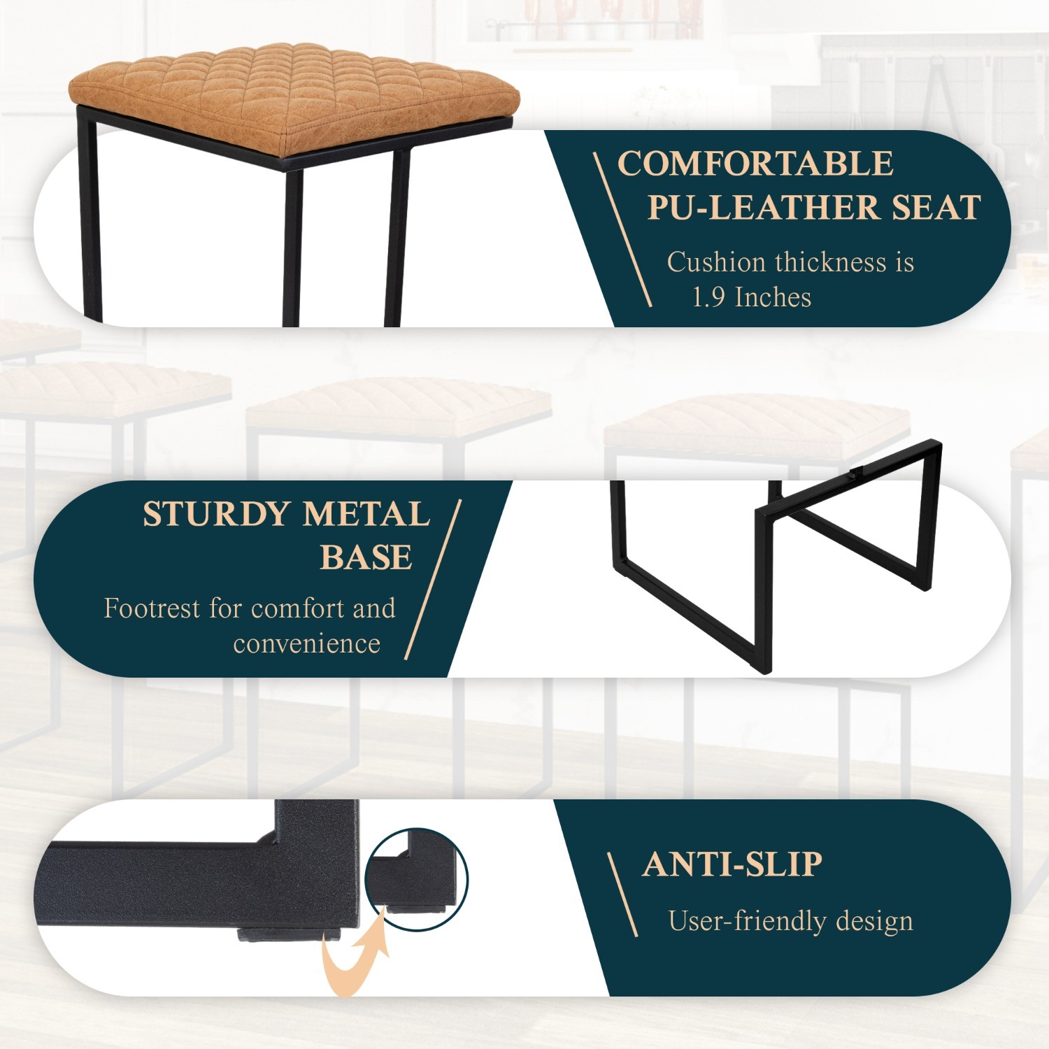 LeisureMod Quincy Brown Leather Bar Stool in Metal - image-3