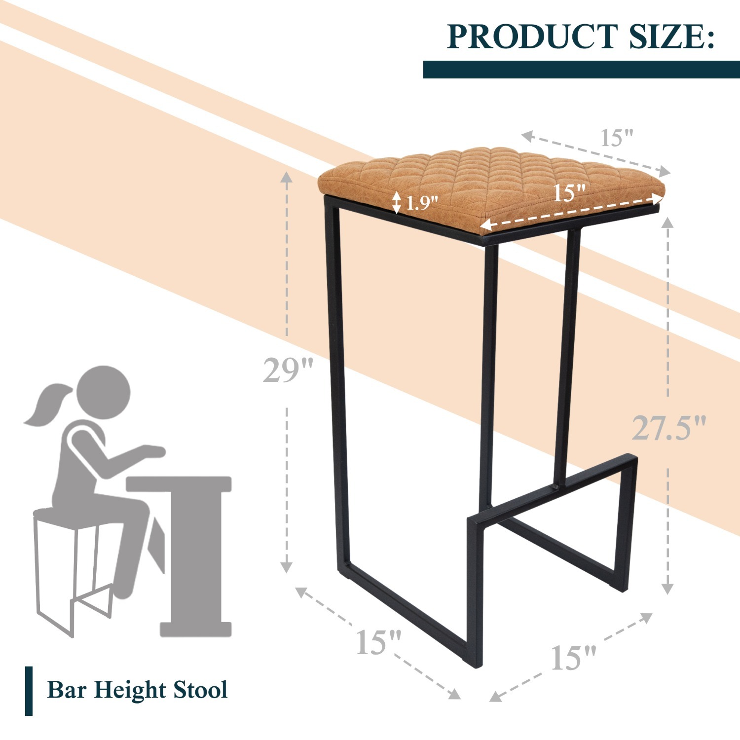 LeisureMod Quincy Brown Leather Bar Stool in Metal - image-6