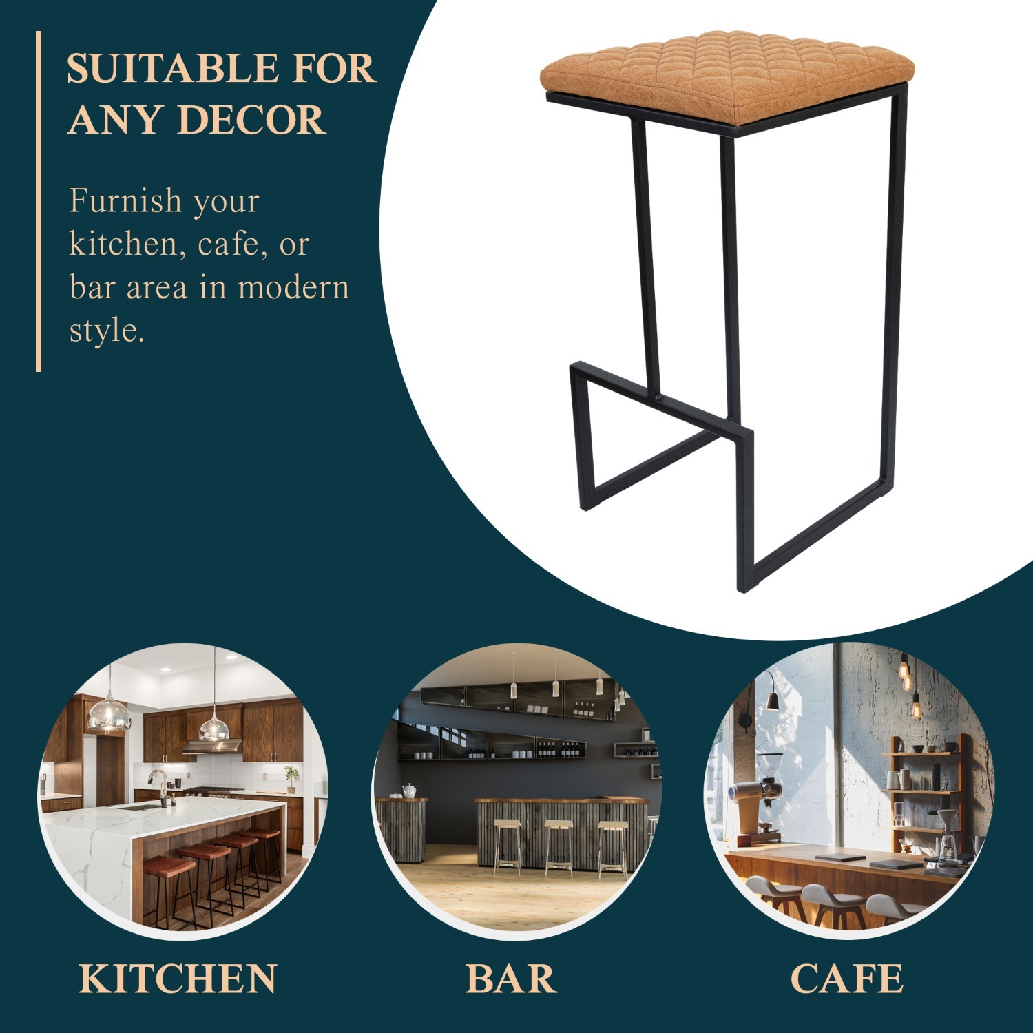 LeisureMod Quincy Brown Leather Bar Stool in Metal - image-5
