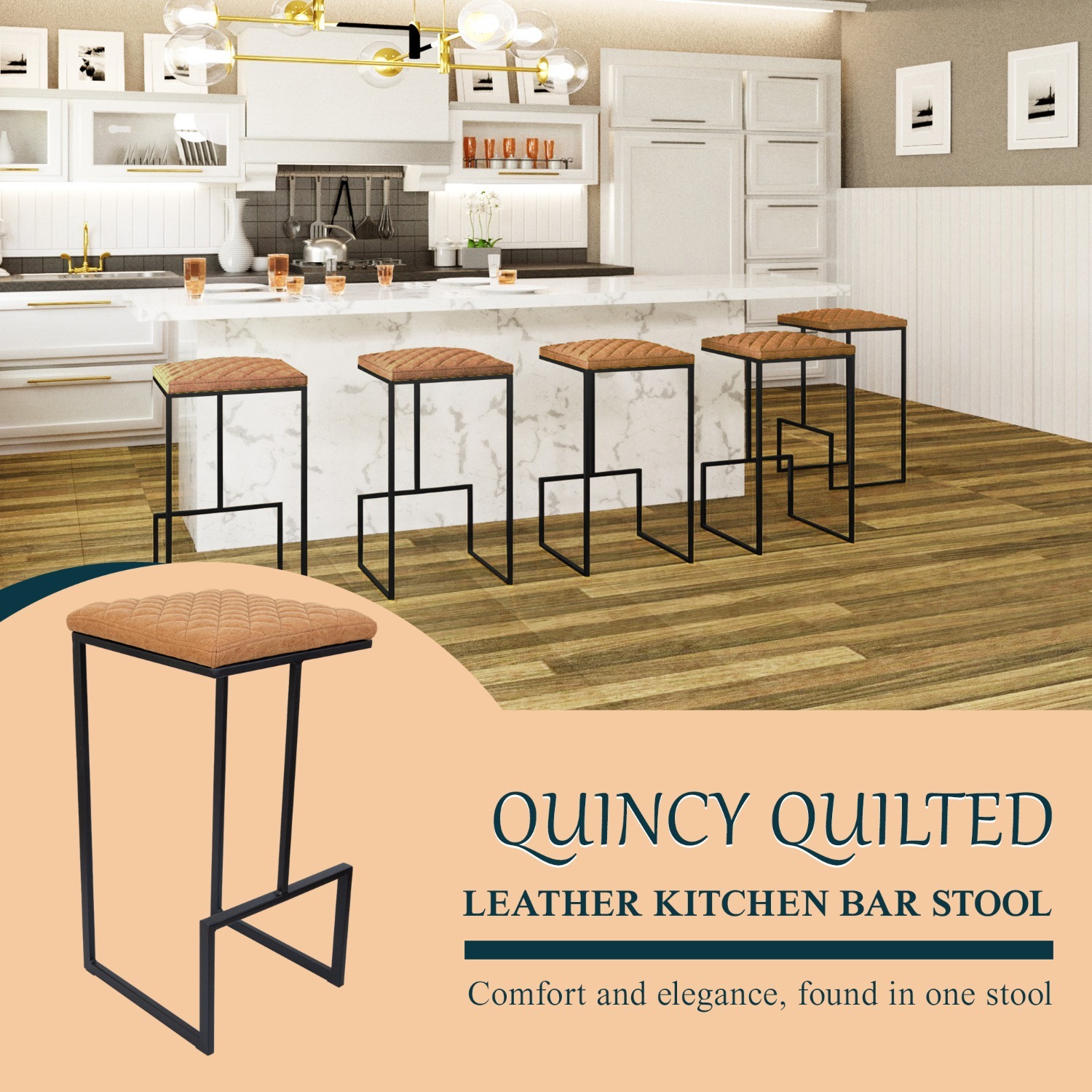 LeisureMod Quincy Brown Leather Bar Stool in Metal - image-2