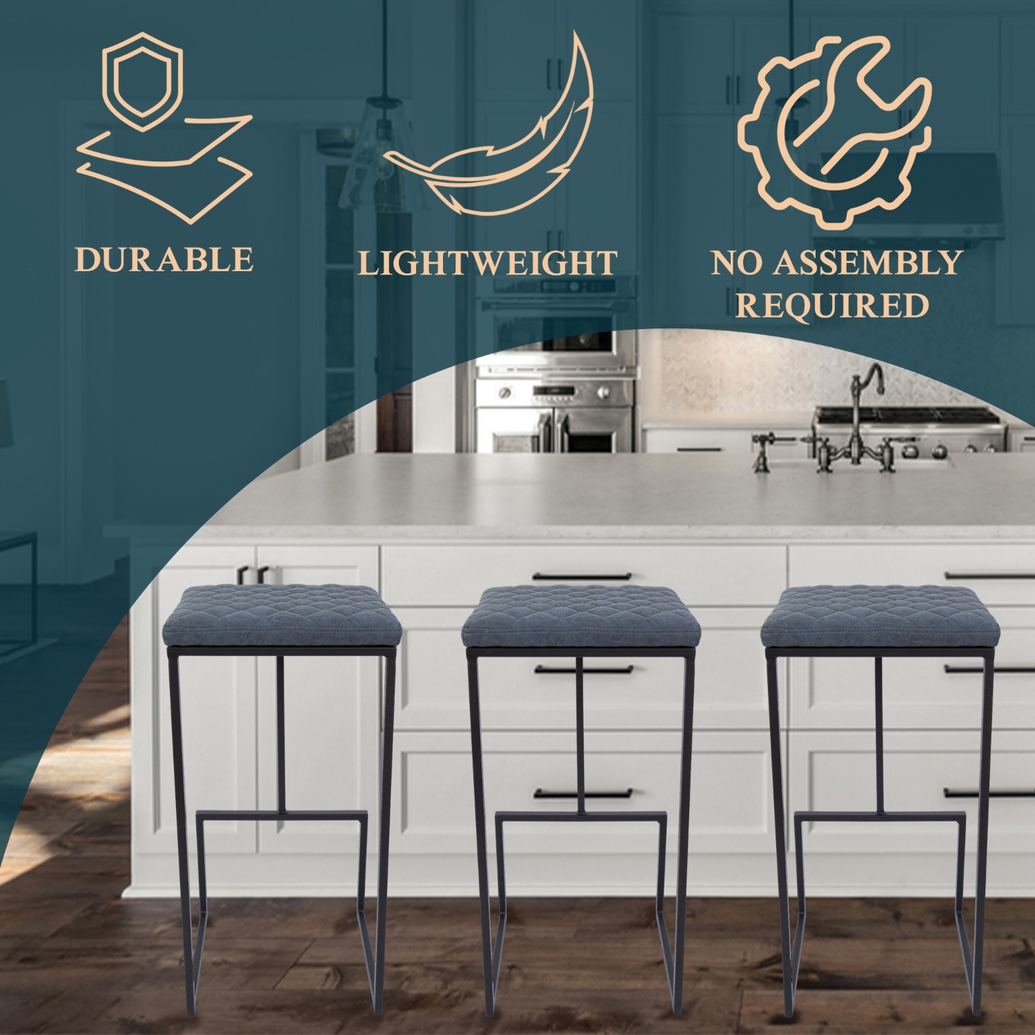 LeisureMod Quincy Blue Leather Bar Stool in Metal - image-4